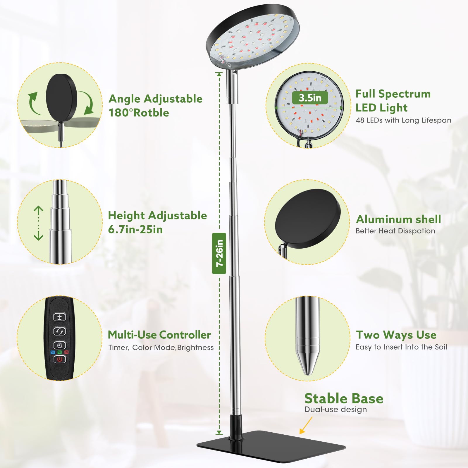 YUYMIKA Grow Lights for Indoor Plants, Full Spectrum, 48 LEDs, 3 Optional Spectrums, 10 Brightness Levels, Adjustable 7in-26in, Black