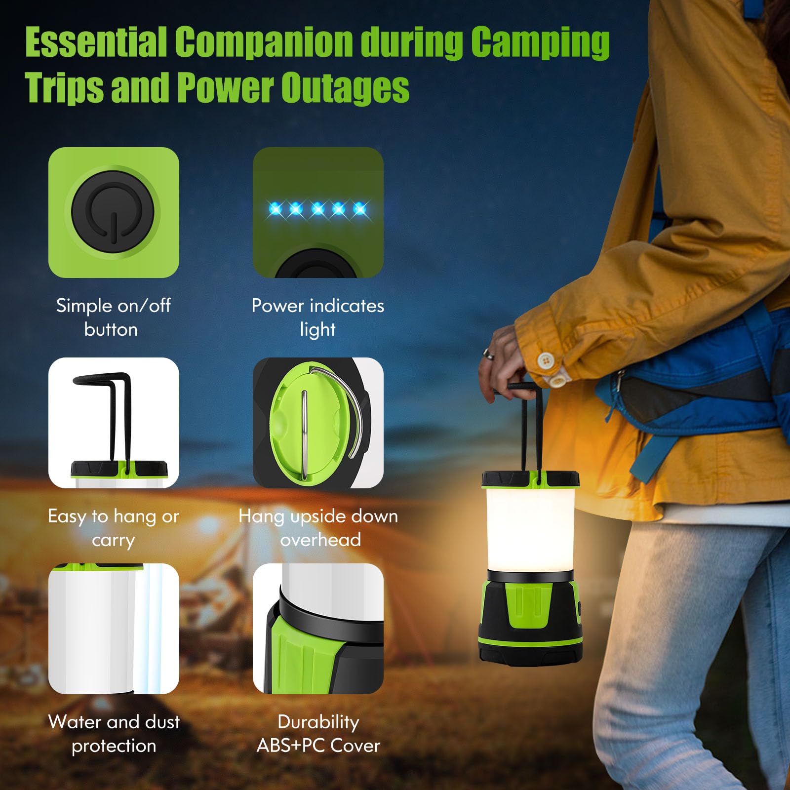 Cullaby Rechargeable Camping Lantern 3000 Lumens, IP54 Waterproof, 7500mAh Battery, Green, Model CAMP-0001