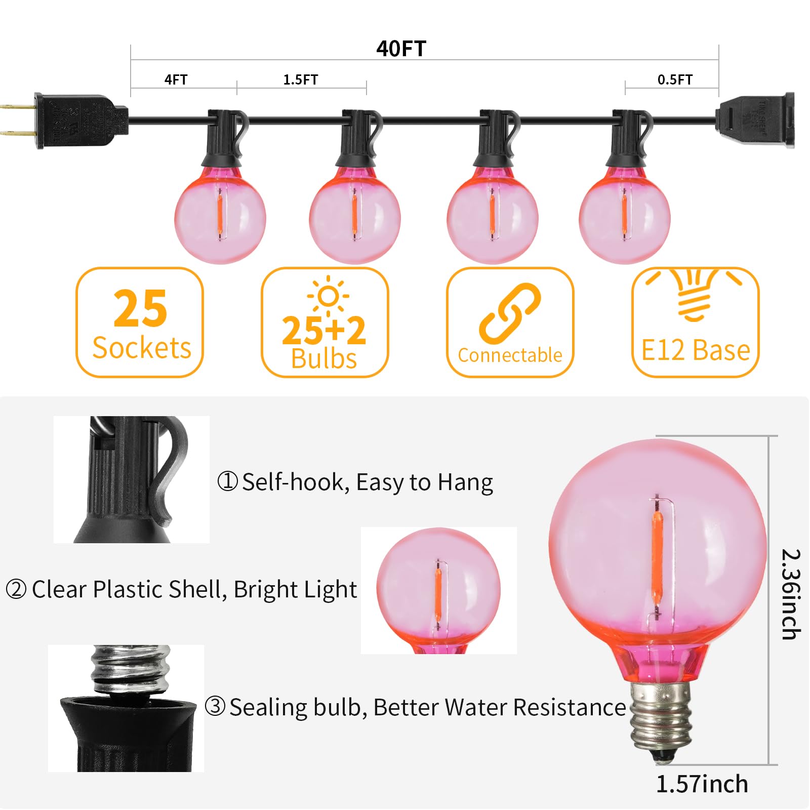 ShineU LED Outdoor String Lights, 40FT Waterproof G40 Globe with 27 Shatterproof Vintage Bulbs, Pink, Connectable for Patio, Garden, Bistro