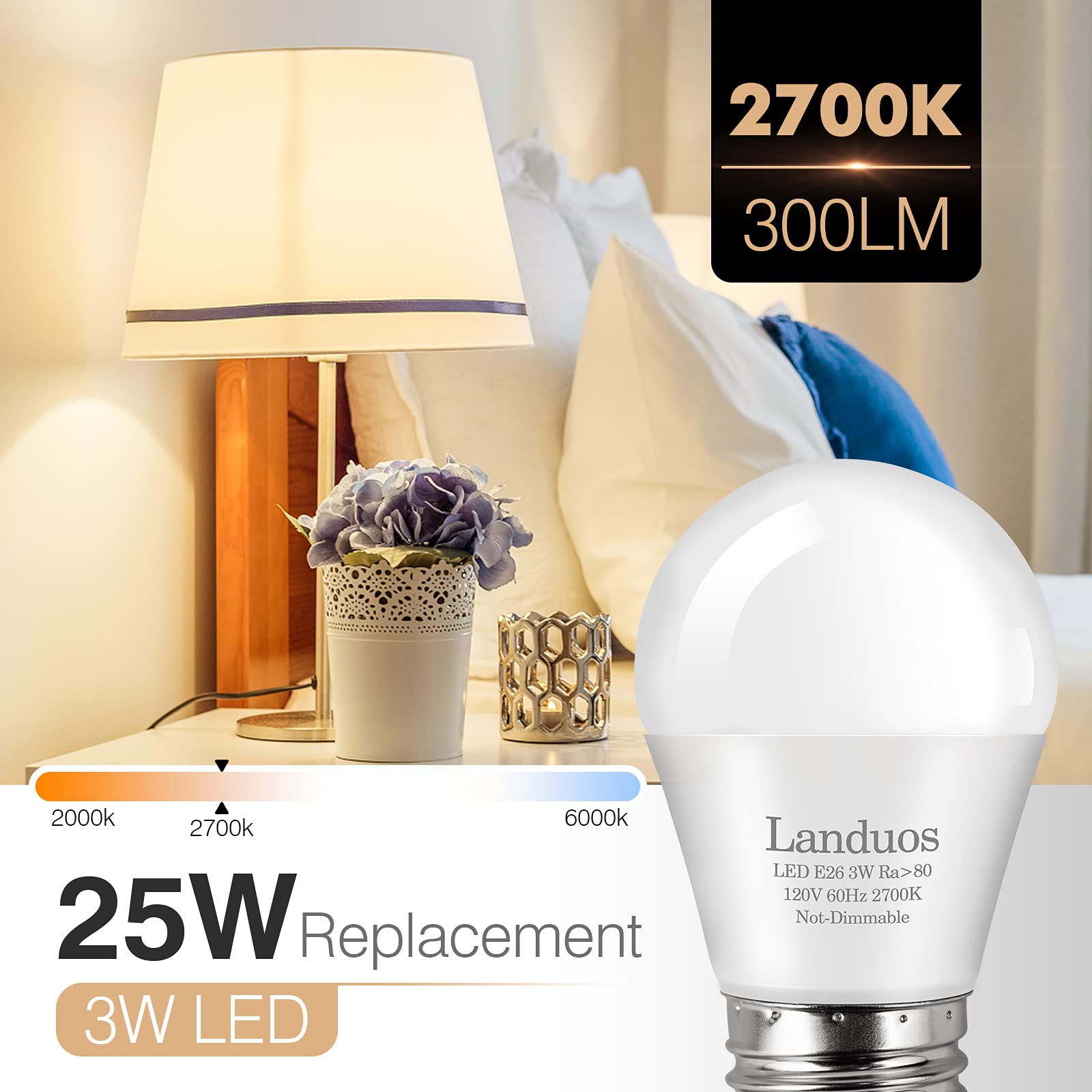 Landuos 25 Watt Light Bulbs Equivalent,2700K Warm White Light Bulb,A15 E26 Led Bulb,3 Watt Light Bulb,Low Watt Light Bulbs,25W L