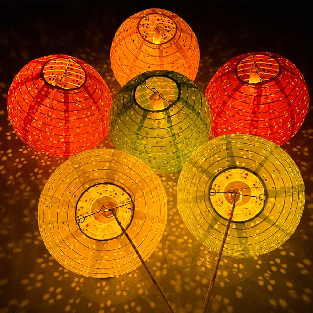 12Pcs Chinese Paper Lanterns With Led Lights Hollow Out Hanging Asia Japanese Paper Lamps With Tassel And Walking Stick, 8 In Lanterns For Chinese New Year Lanterns Decorations(Round)