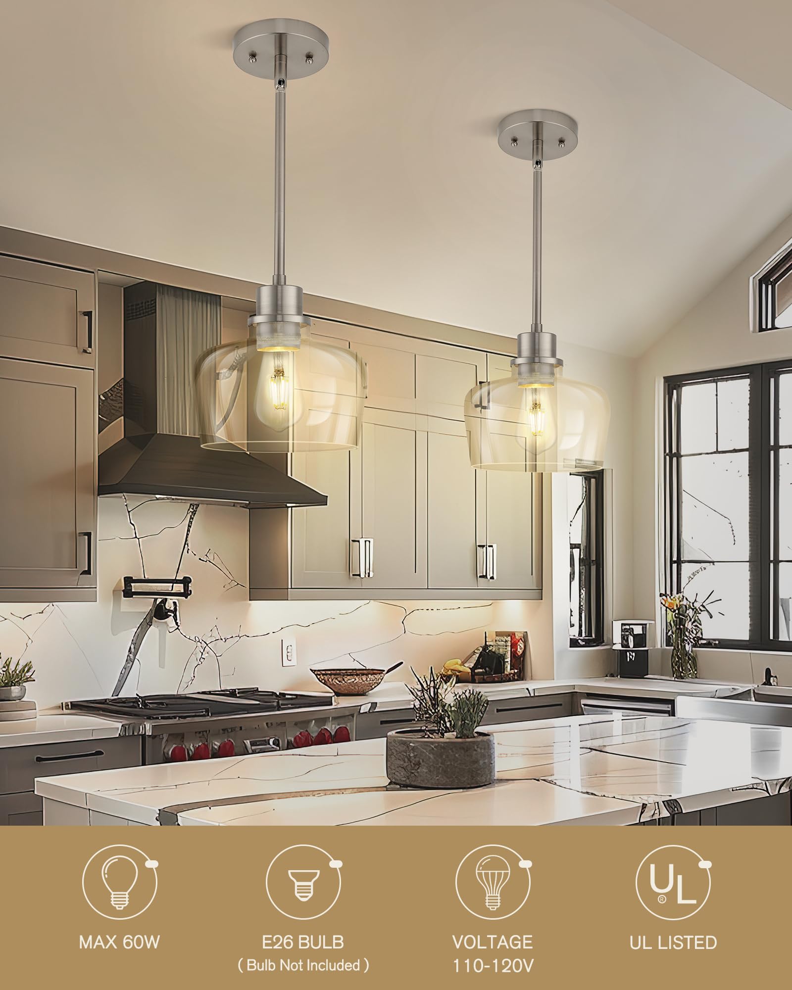 Emak Brushed Nickel Pendant Lights, Modern 8 Inch Clear Glass Pendant Light Fixtures For Kitchen, Bathroom, Bedroom, Dining Room