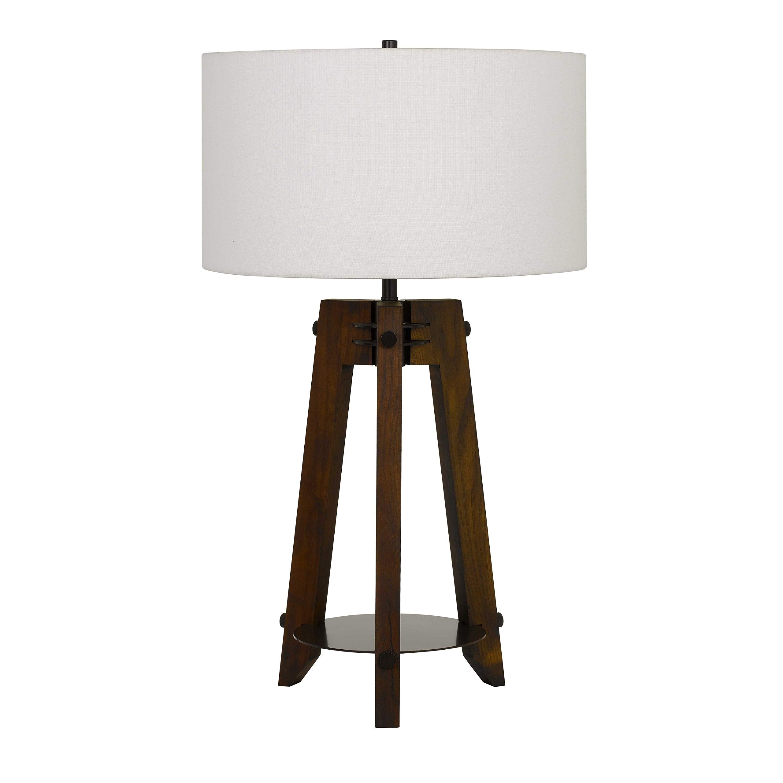 Benjara Drum Shade Table Lamp With Wooden Tripod Base, White And Brown