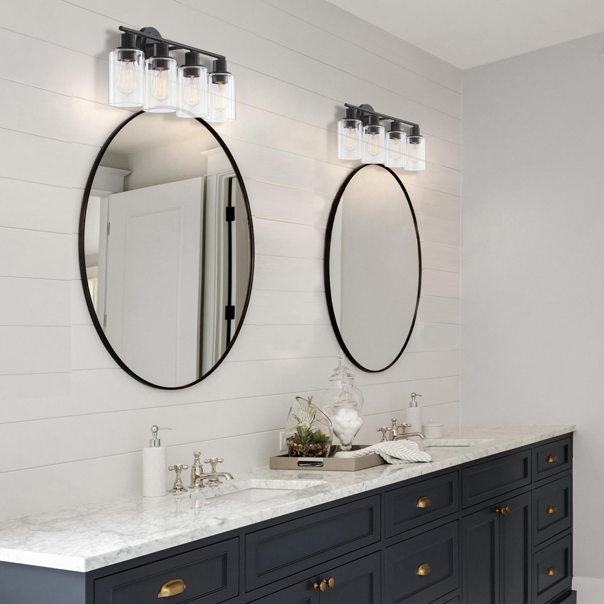 Faymart Lighting 4-Light Black Bathroom Vanity Light Fixture, Glass and Metal, Over Mirror, Model 748327231386