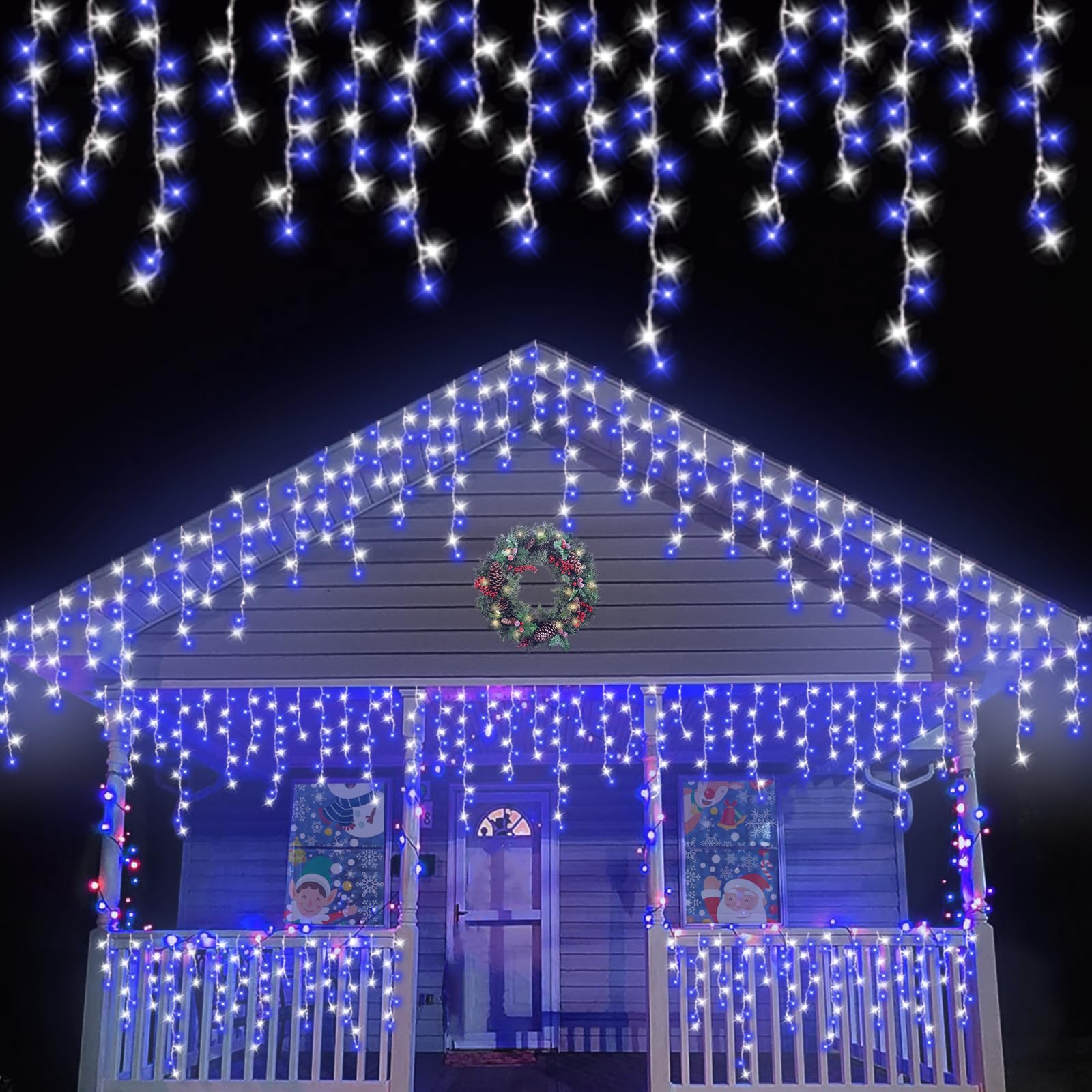 QITONG Blue and White Icicle Christmas Lights, 66ft 800 LED Icicle Light for Outside Indoor Plug in, 8 Modes Connectable String 
