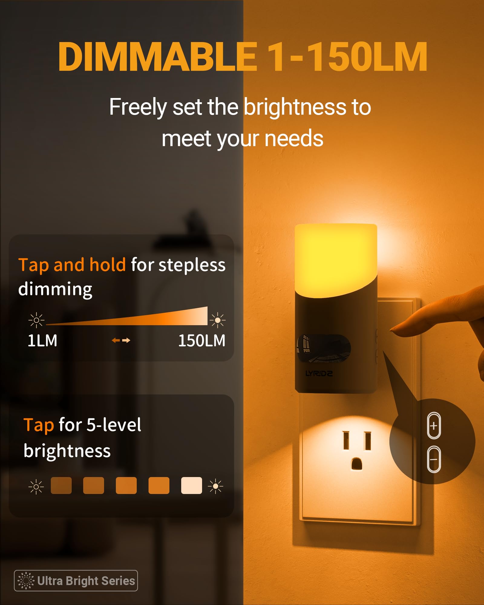 Lyridz Amber Night Light - Dimmable Motion Sensor Plug-in Indoor Light, Small 2 Pack, Model A5103