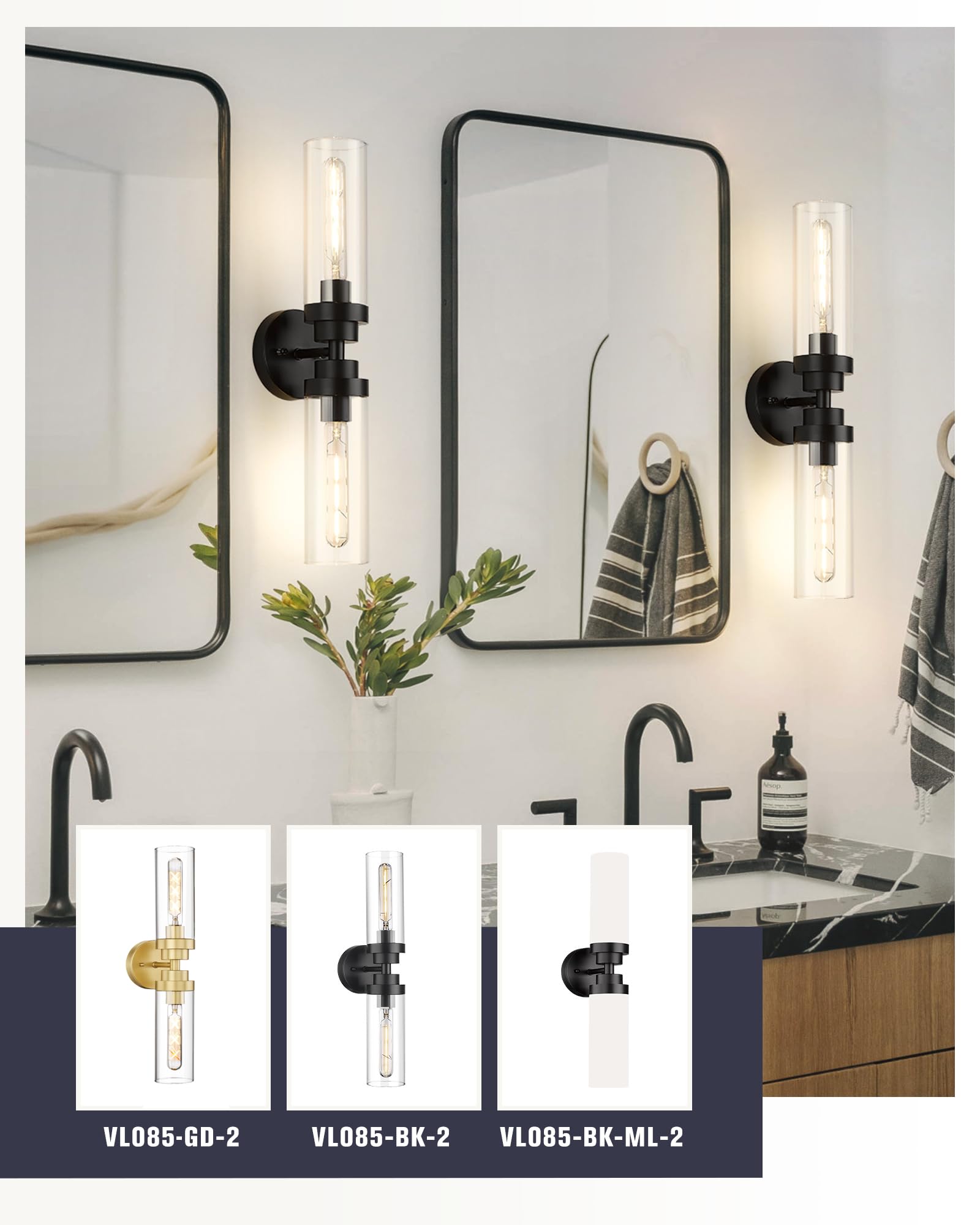 Emak 22 Inch Black Bathroom Light Fixtures, 2-Light Vanity Light with Clear Glass Shade, Metal, VL085-BKL-2-2PK, Matte Black - 2PC
