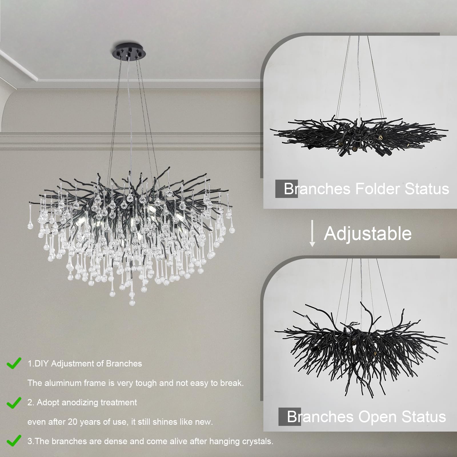 Niuzdu Chandeliers For Dining Room - 31.5'' Modern Black Crystal Chandelier, Round Tree Branch Raindrop Chandelier, Foyer Chande