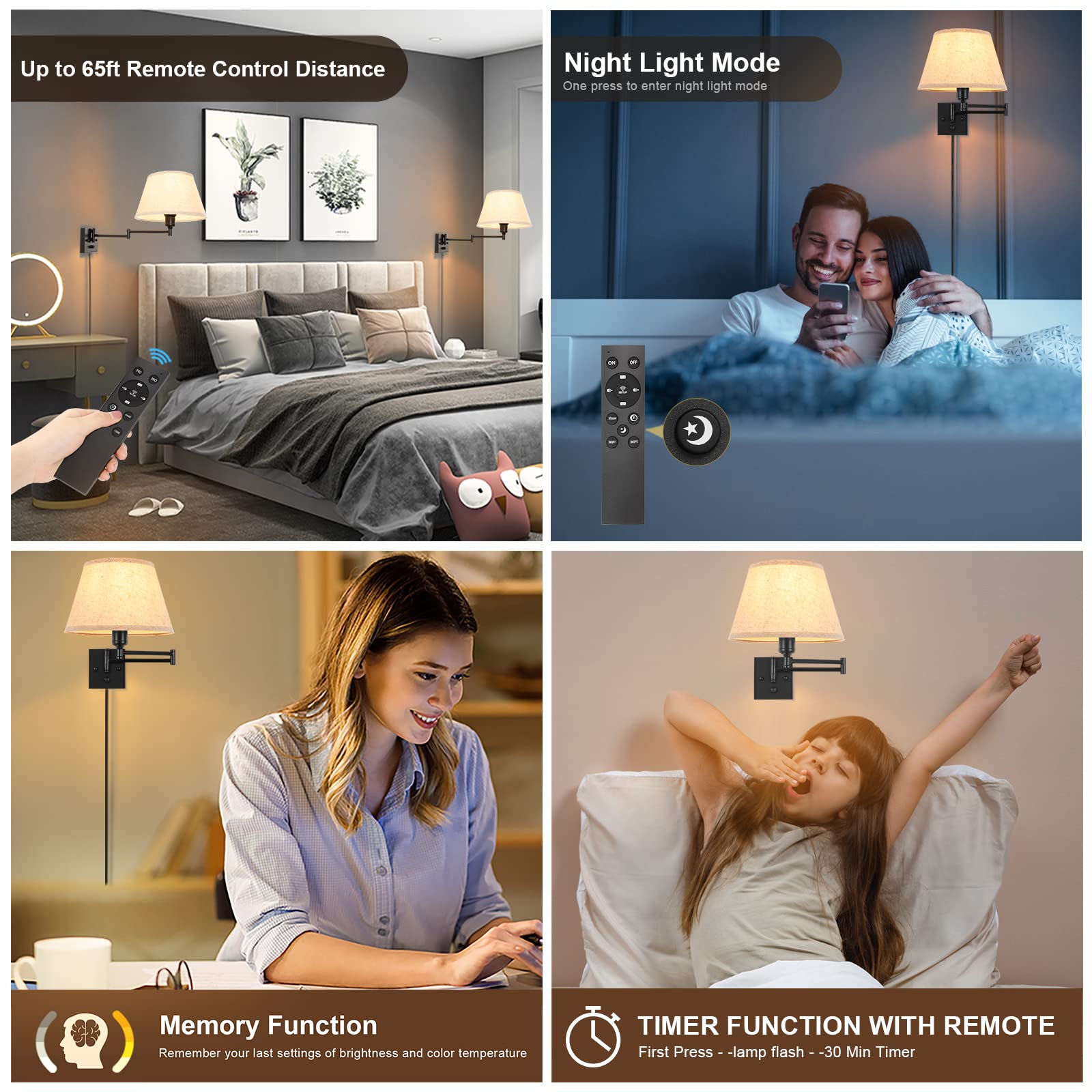 TRLIFE Wall Sconce, Remote Control Dimming 10-100%, 11.8" Large Beige Fabric Shade, Adjustable Color Temp 2700K-6500K, 2 Pack