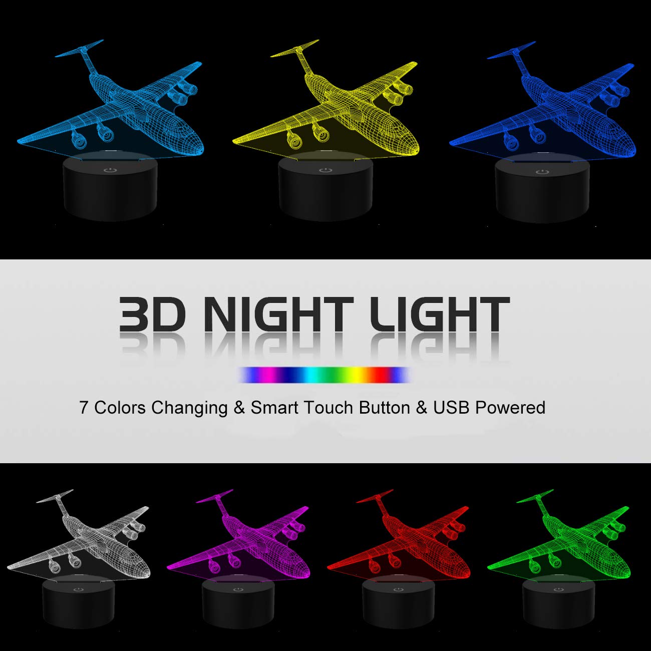 Yklworld Airplane Night Light 3D Plane Illusion Lamp 7 Color Changing Touch Control With Usb Cable Led Fighter Toy Table Desk Decor Lamps For Men Boys Kids Christmas Birthday Gifts