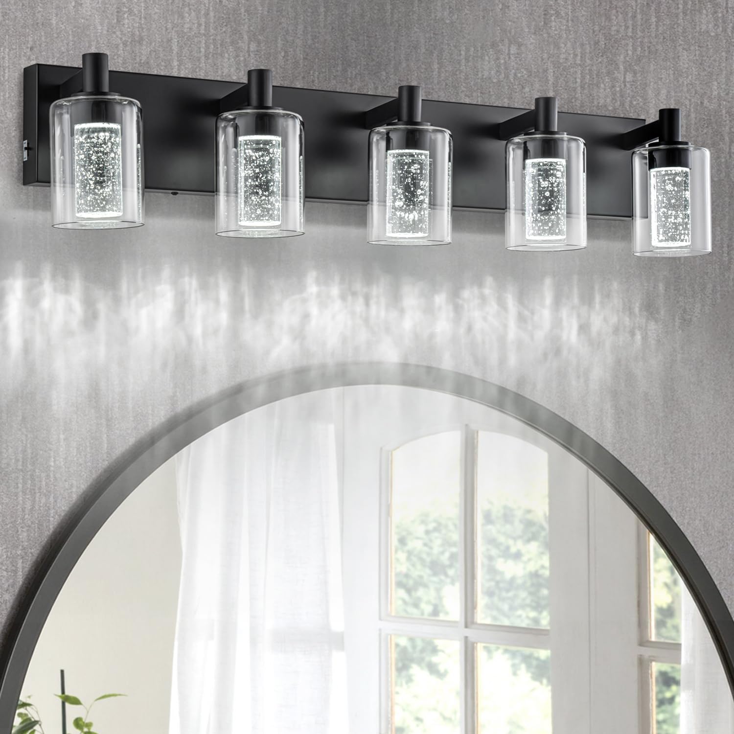 SineRise Vanity Light Fixture, 5-Light Dimmable LED, 3 Color Modes, Eye Protection, Black, Model S0028