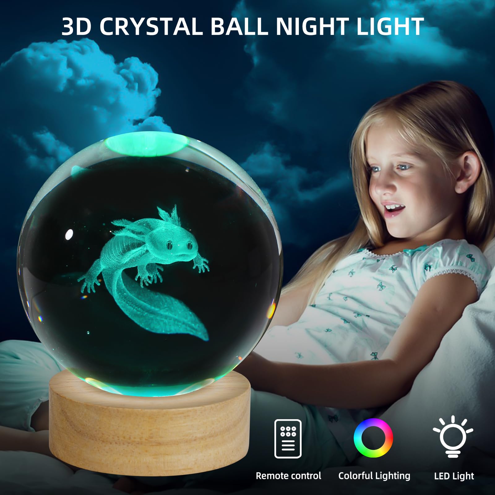 Zxblaq 3D Axolotl Crystal Ball Night Light, Upgraded 3.15 Inch Glass Ball Lamp With 16 Color Led Wooden Base, Axolotl Decor Birt