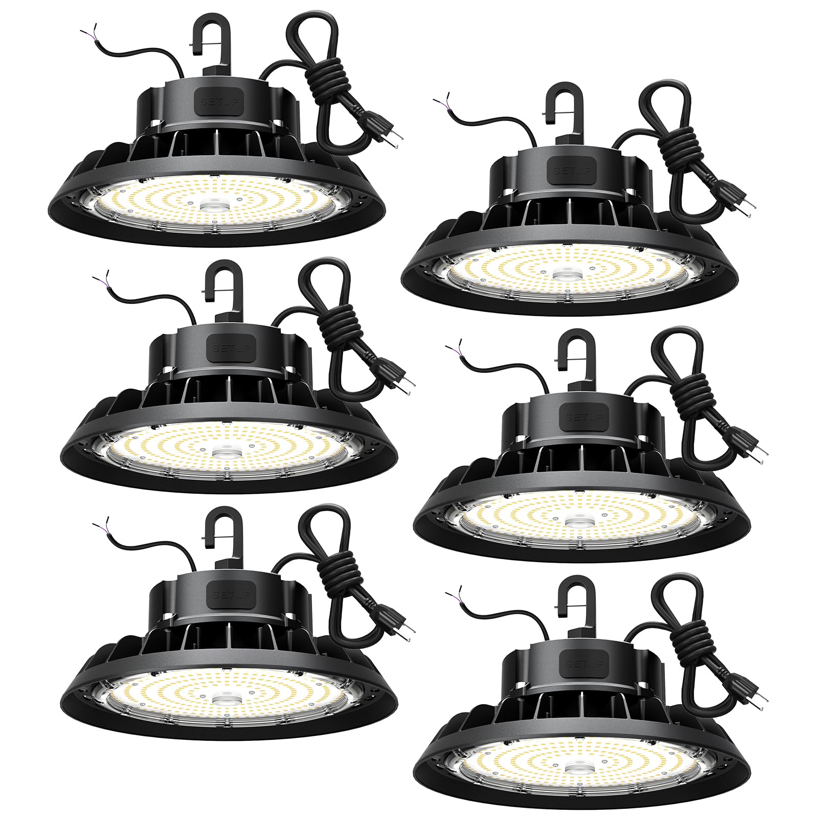 YXL 100W 6 Pack Super Bright UFO LED Lights, 15000LM 5000K, 0-10V Dimmable, Us Plug 5 Cable, 100-277V for Shop, Barn, Warehouse