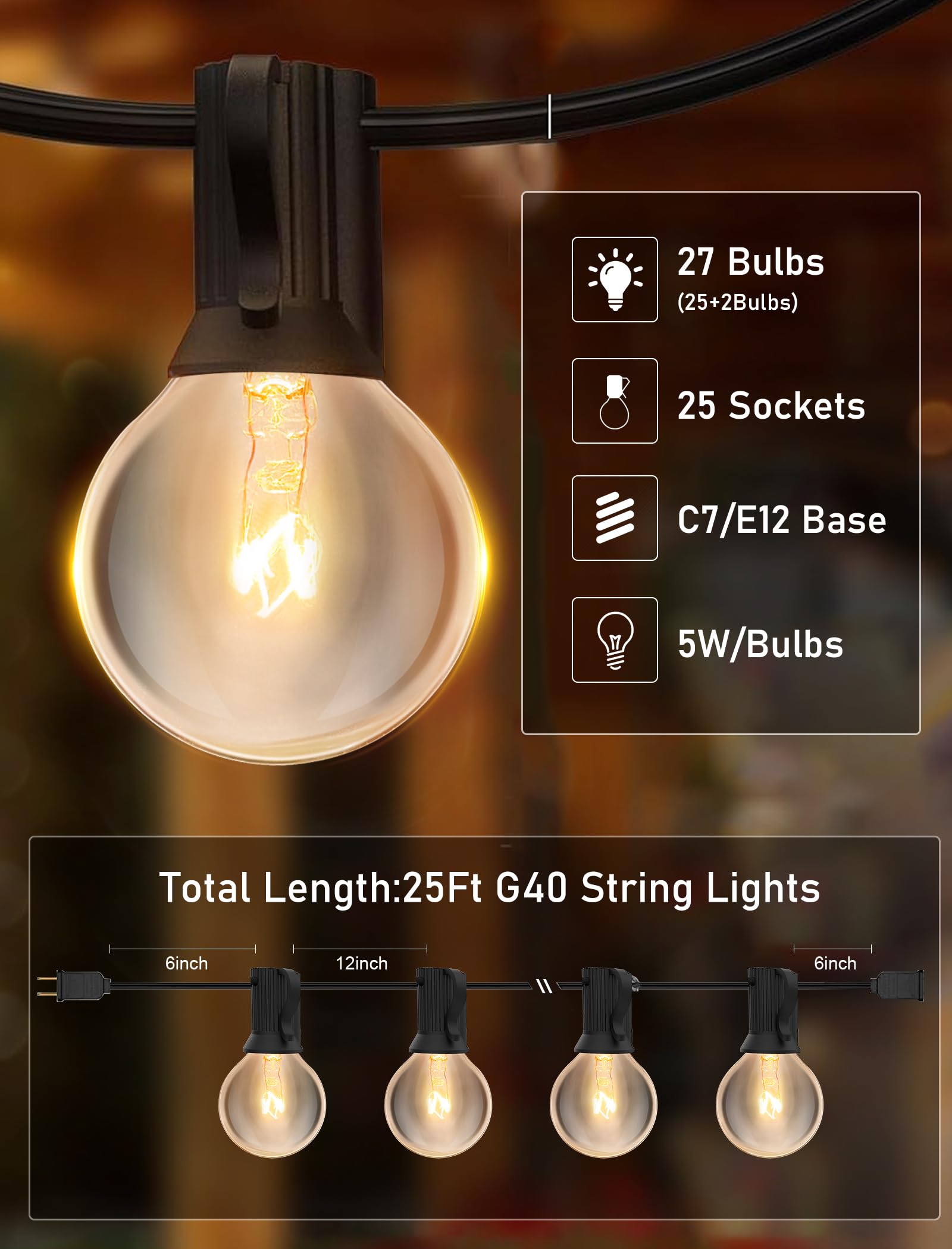 Romasaty 25Ft String Lights, G40 Outdoor String Lights Edison Light Bulbs Clear Globe Lights For Backyard Patio Lights Indoor/Ou