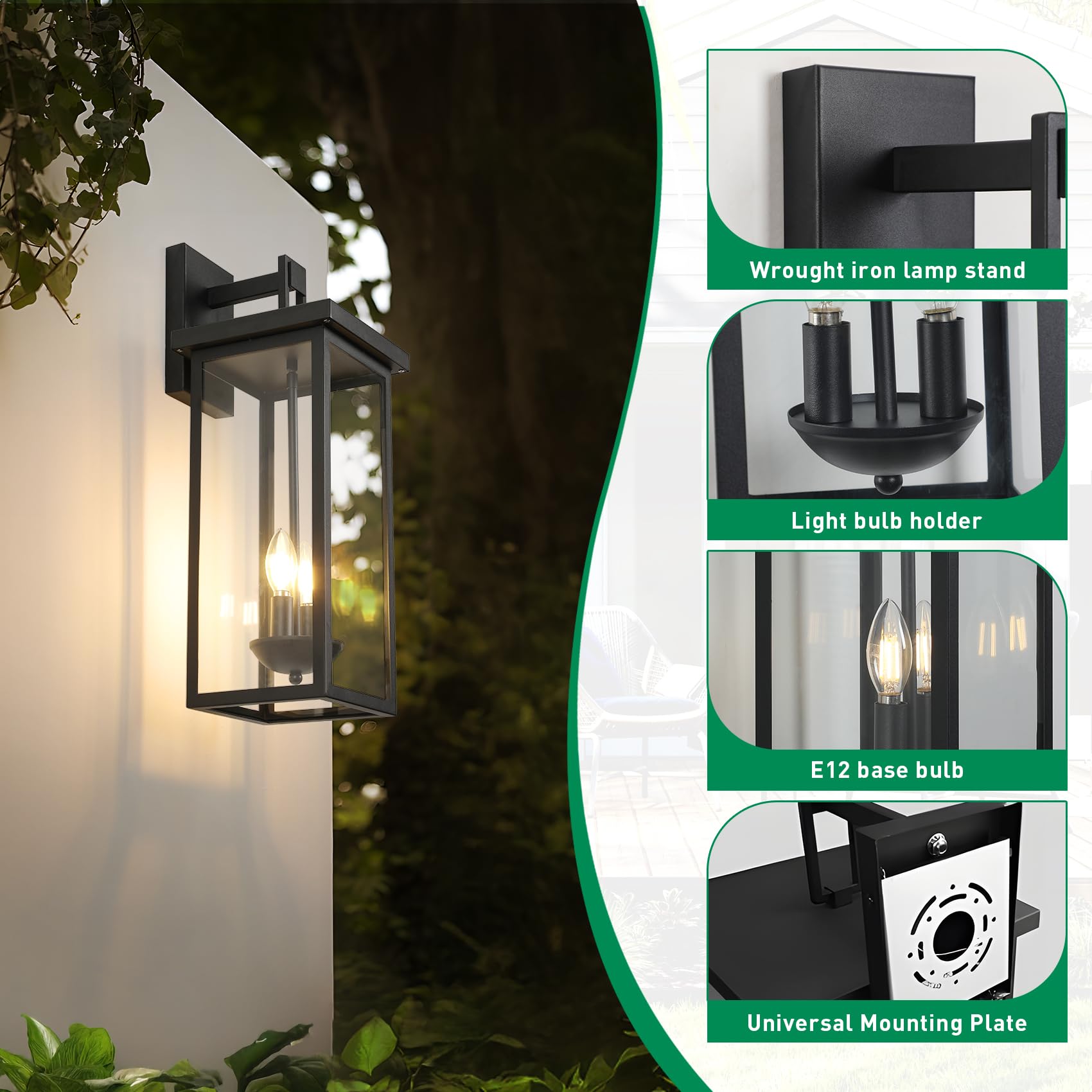Zsmaiku 22 Inch Large Black Outdoor Wall Lights Exterior Lighting Fixtures Outside Lights For House Front Porch Light Waterproof Outdoor Wall Sconce Light Carriage Exterior Lights E12 Base*2