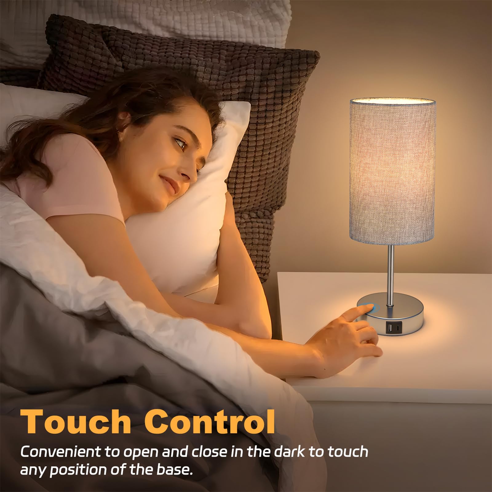 AKASUKI Table Lamp, 3 Way Dimmable, Touch Control, Fabric, 14.25 in, Grey Shade-Silver Base, Model XTD-Y, LED Bulb Included