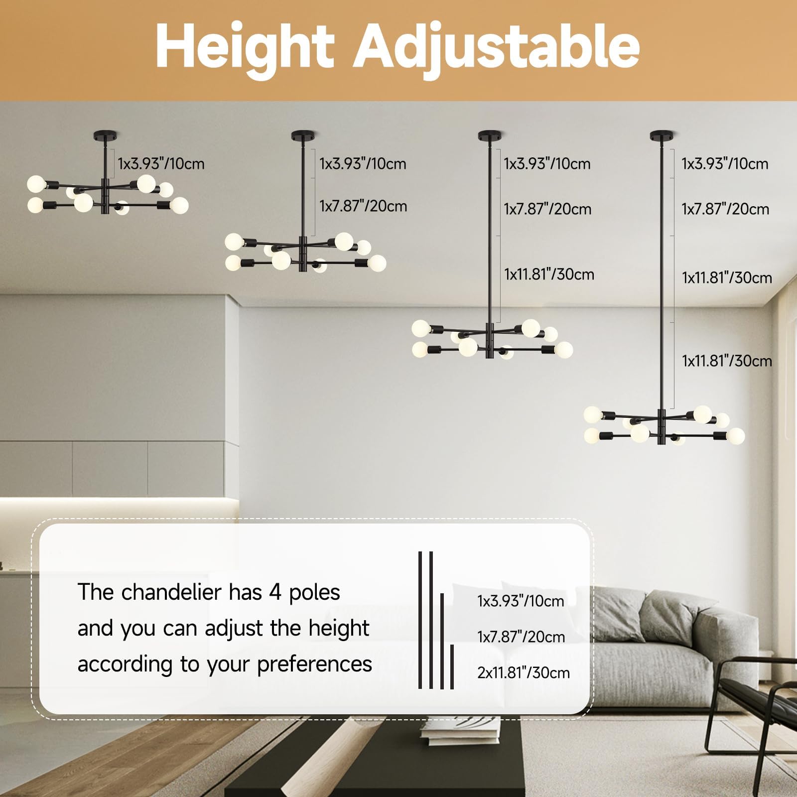 HHR Modern Sputnik Chandelier, 8-Light Black Ceiling Light, 26" Adjustable Fixture for Kitchen, Dining, Living Room, Model 9916-8