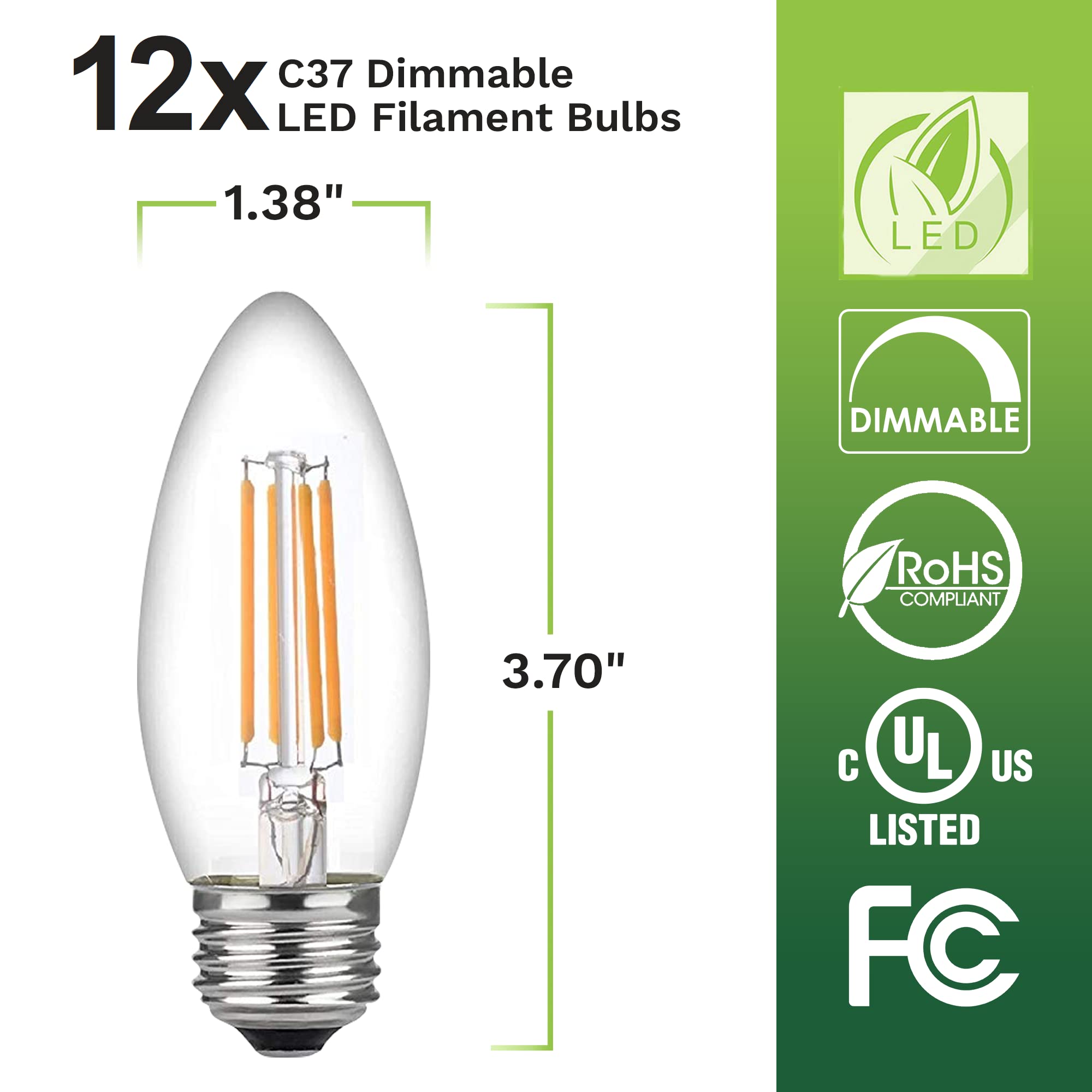 Bioluz LED Candelabra Bulbs 60W Equivalent Dimmable Clear Filament 12-Pack Warm White 2700K E26 Base