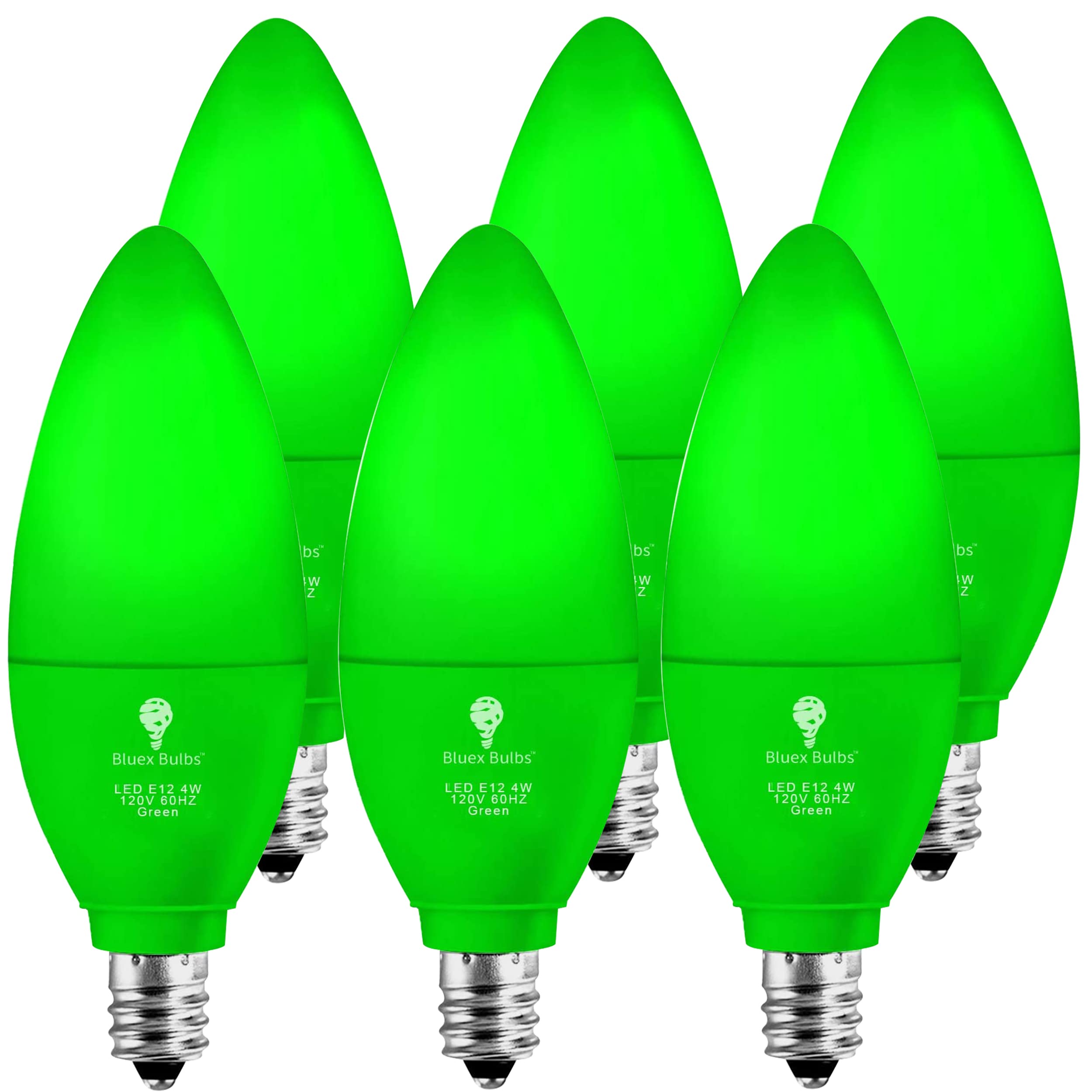 6 Pack Bluex Led Candle Green Light Bulb - 4W (40Watt Equivalent) - E12 Base Green Led Green Bulb, Party Decoration, Porch, Home