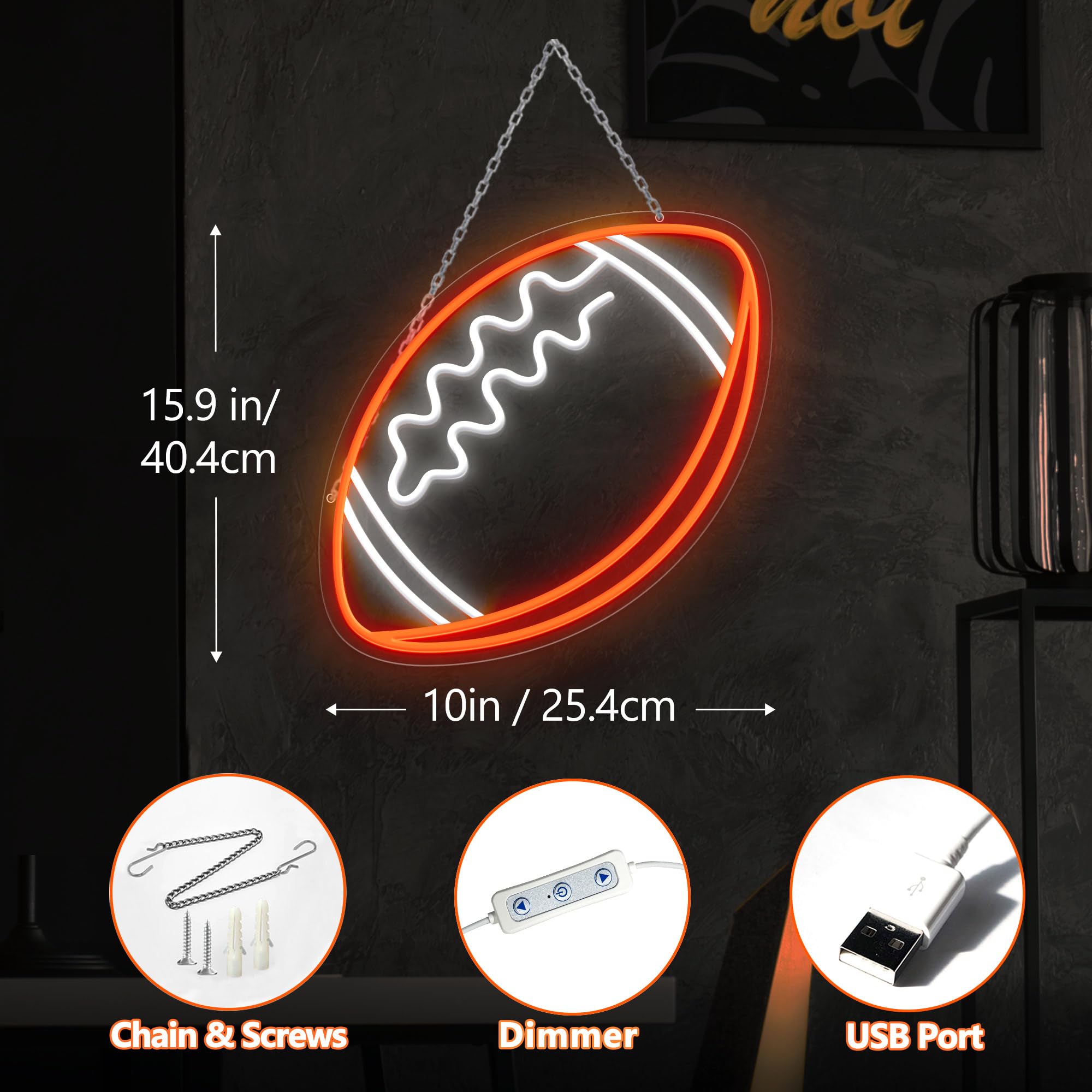 CULOIS Football Neon Sign, 12.6inx12.6in, Orange-Football, LED Light for Wall Decor in Bedrooms and Game Rooms