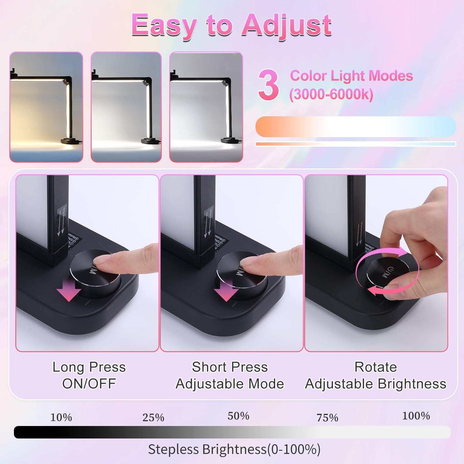 BQAN Nail Tech Lamp 40W with Phone Holder, 3 Modes 3000k-6000k, Foldable Black Desk Light for Nail and Tattoo Use, Model BQMT-855