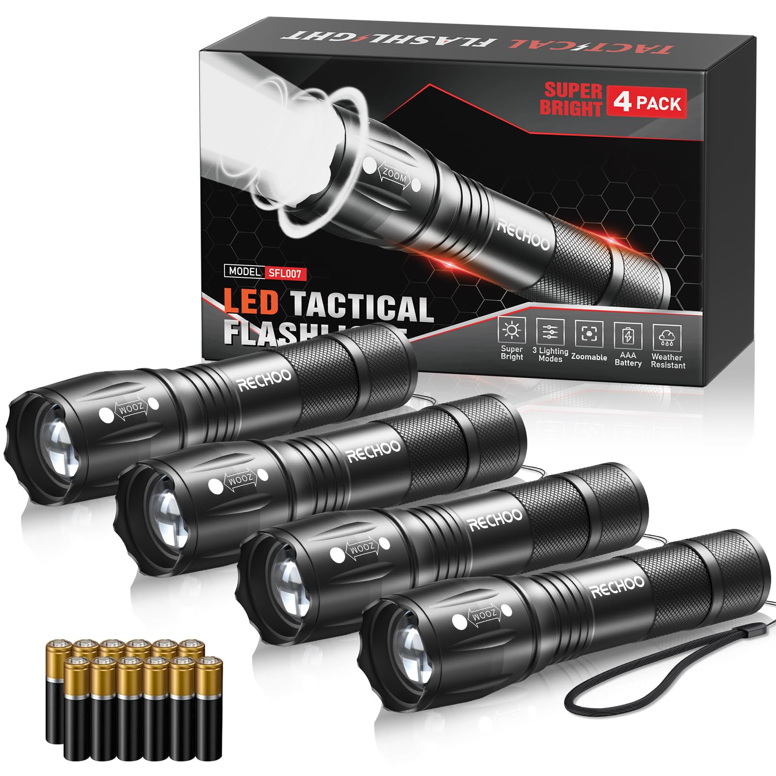 RECHOO LED Flashlight 4 Pack, High Lumens, Waterproof, Tactical, 3 Modes, Small Size, Black, Model SFL007-4P