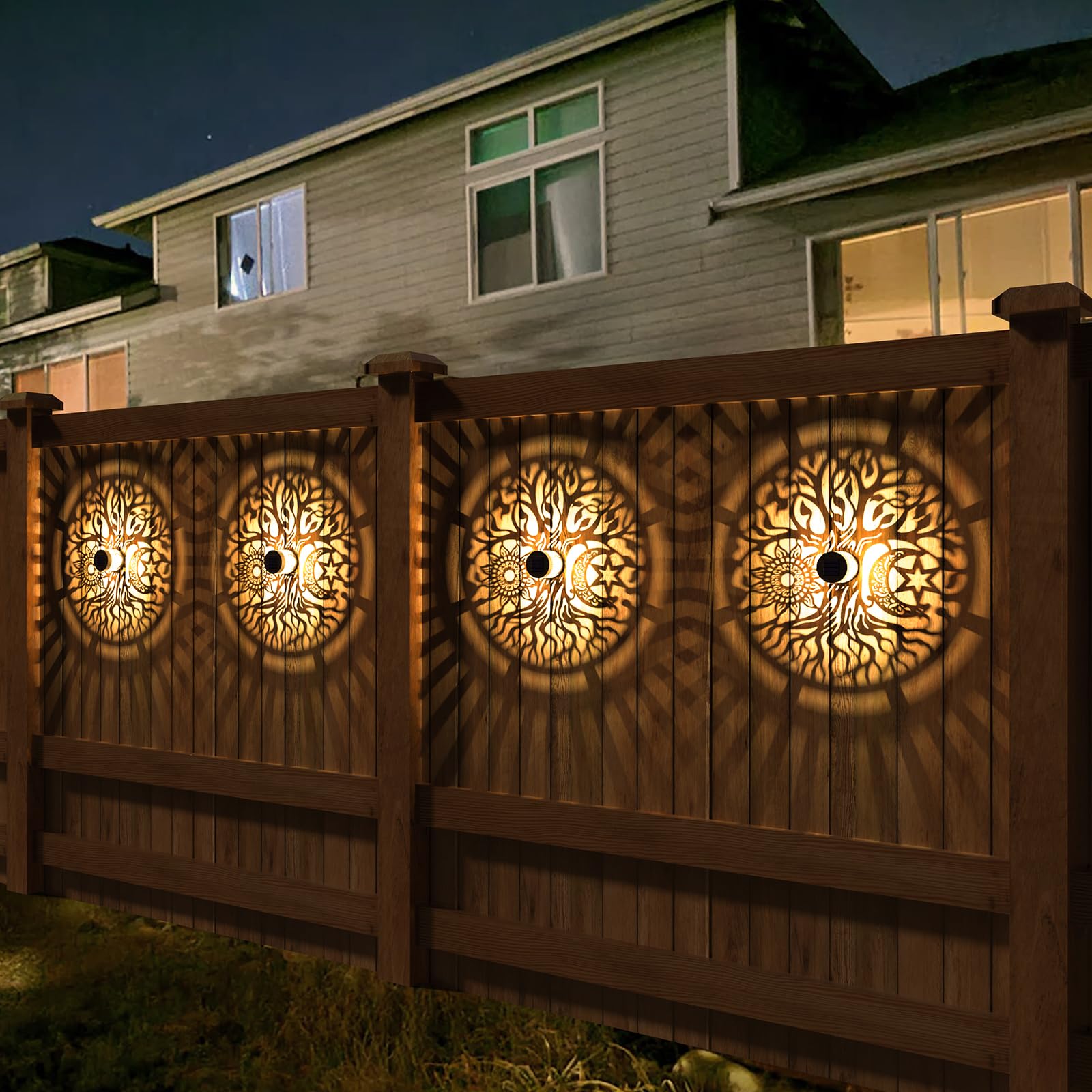 gardencave Solar Fence Lights - Metal Outdoor Wall Deck Step Lights - 2 Pack - Tree Theme - Waterproof for Garden Patio Backyard