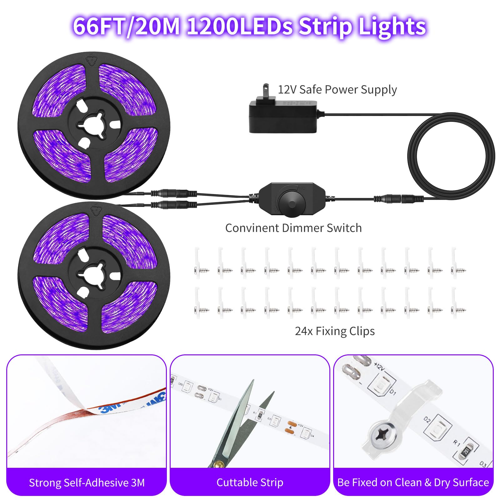 Isuerfy Dimmable Black Light Strip Kit 66Ft, 1200 Leds, Perfect For Glow Parties & Decor