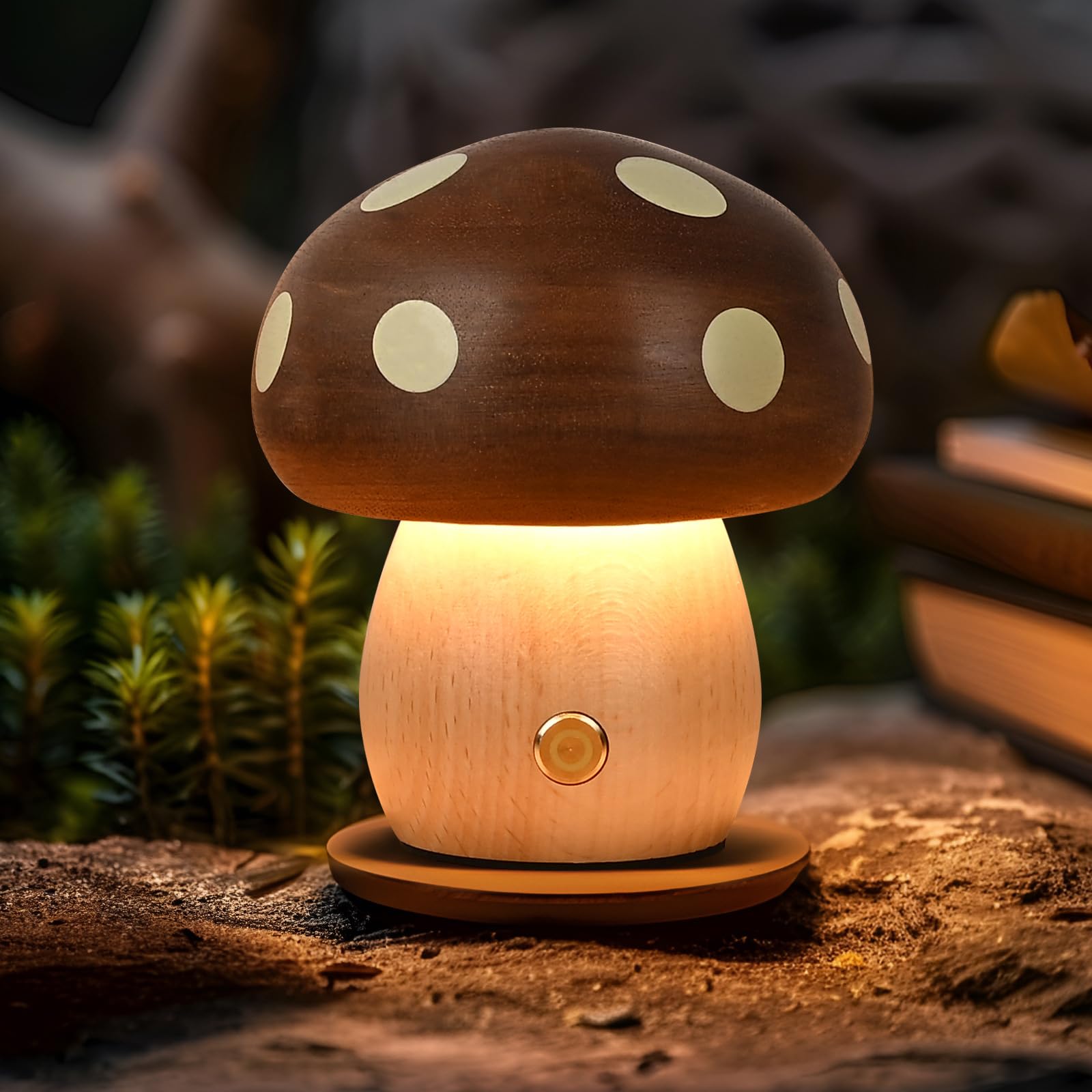Richaa Wooden Mushroom Lamp - Rechargeable Touch Mushroom Light, Aesthetic Bedside Night Light Nature Decor Creative Gifts (Ebon