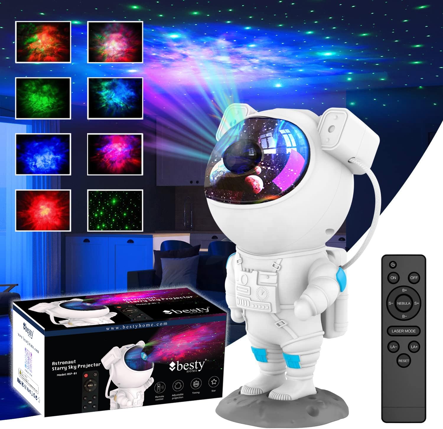 BESTY HOME Original Night Light Astronaut Galaxy Star Projector, 30 Projection Modes 360 Night Lamp with Timer Remote, Dimmable 