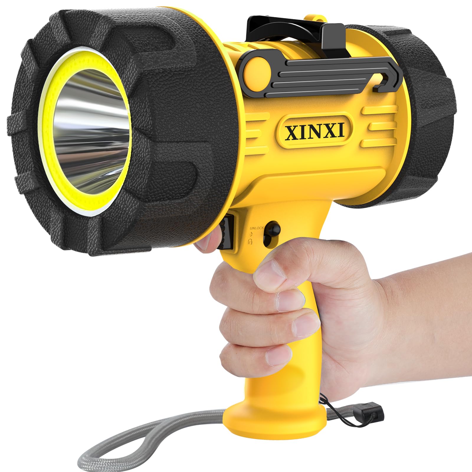 XINXI Rechargeable Spotlight with 1000000 Lumens, 6 Light Modes, USB Charger, IP67 Waterproof, Yellow, Model X-011Y