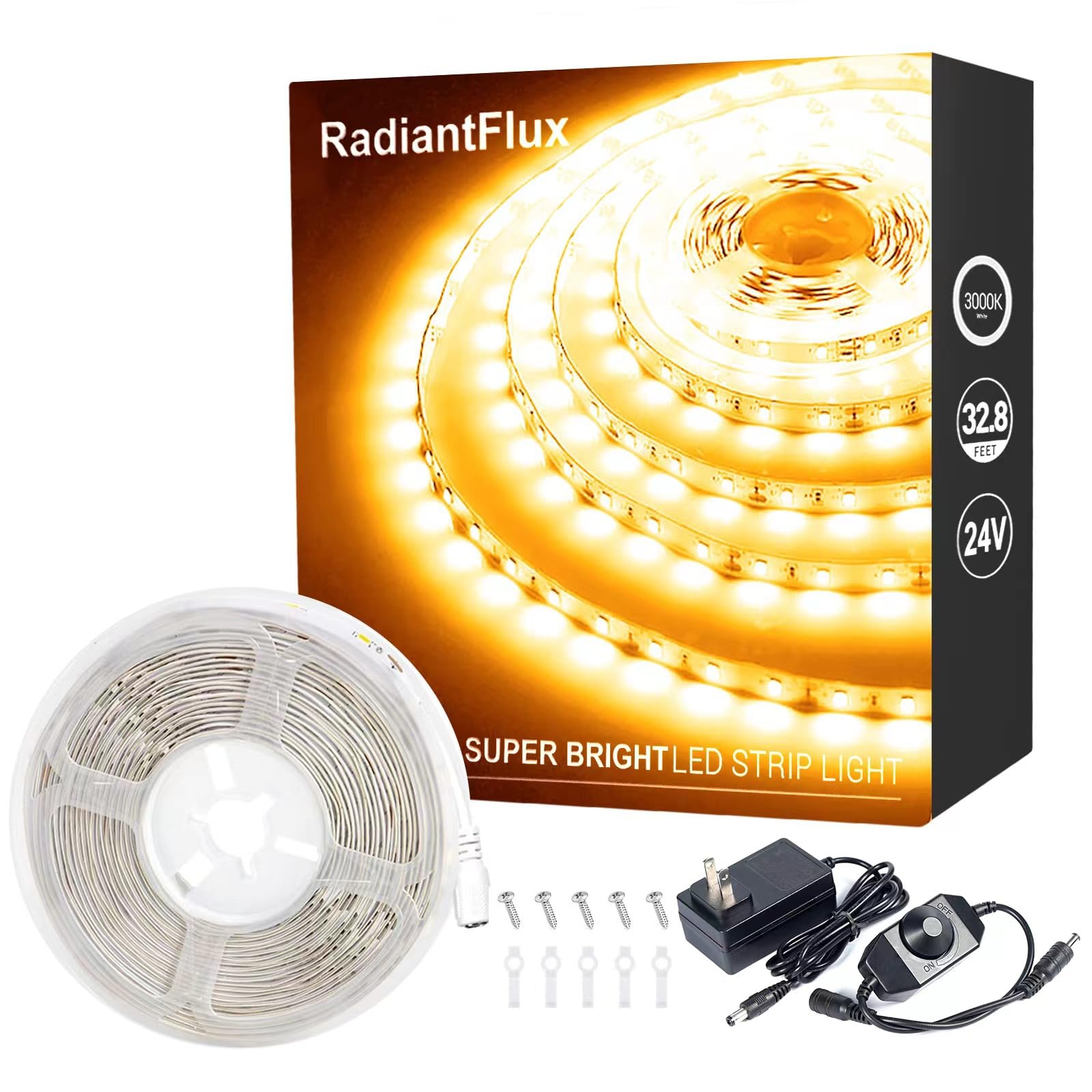 RadiantFlux 32.8ft Warm White LED Strip Lights, Dimmable, 600 LEDs, Flexible for Home Decor