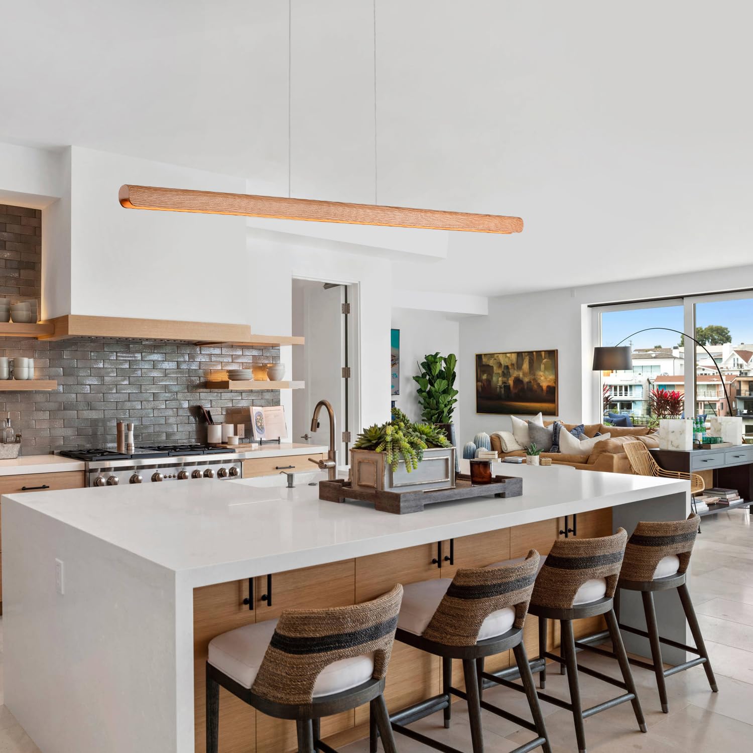 Yisdesign 47Inch Wood Led Linear Pendant Light  Dimmable Wood Ceiling Lamp Minimalist Linear Chandelier  36W Warm Light 3000K  Modern Kitchen Island Dining Room Lighting Natural Adjustable Height