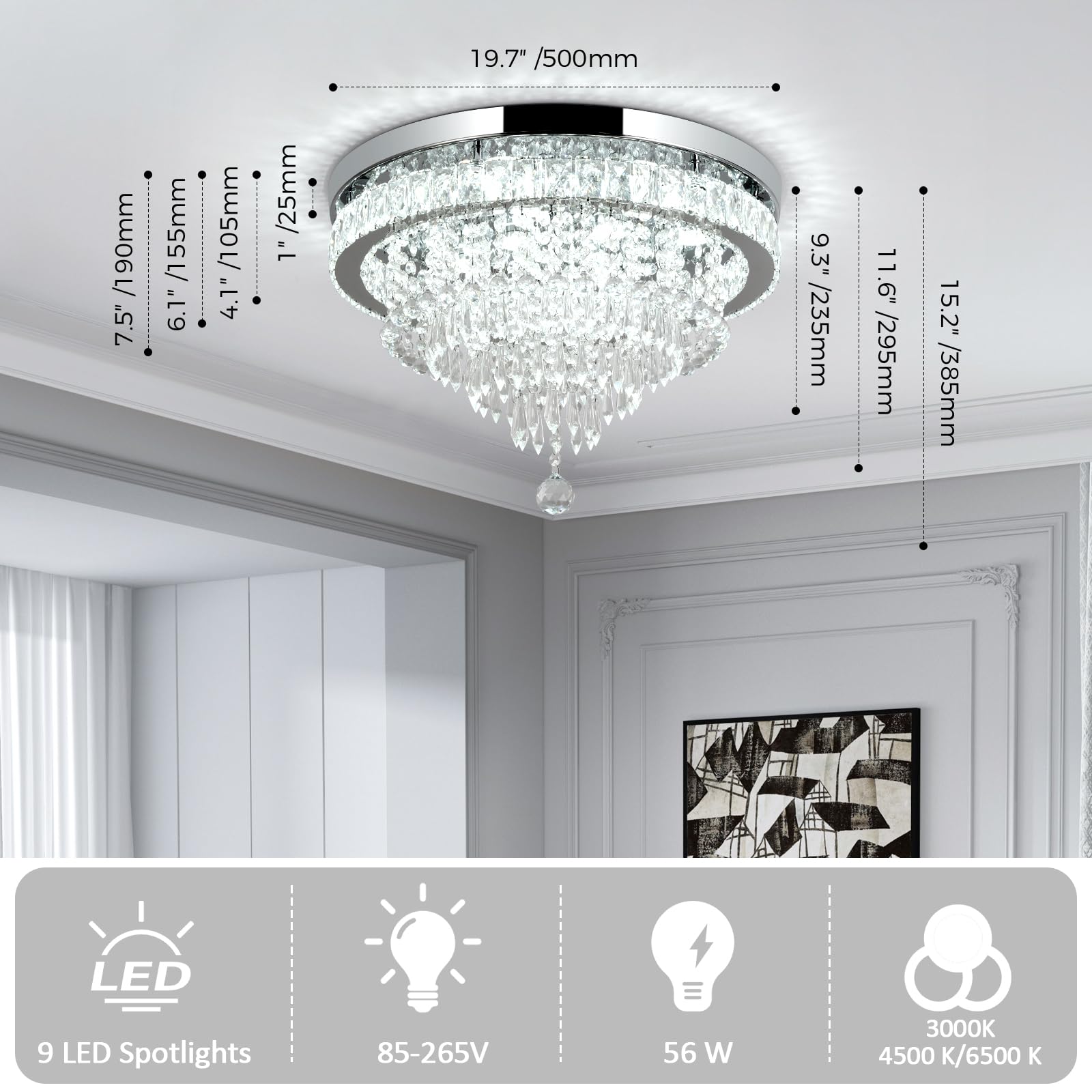 RHEAFON Dimmable Crystal Chandelier, Modern LED Flush Mount Light, 19.7 Inch, Silver and Chrome, Remote & APP Control, Model KY-MC010-DMA