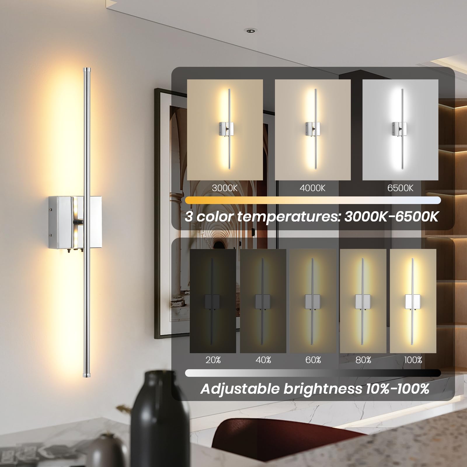 KELUOLY LED Wall Sconce, 11000mAh Rechargeable, Remote Control, Dimmable, 3 Color Temperatures, Chrome, 1 Pack, Model XY-Y312