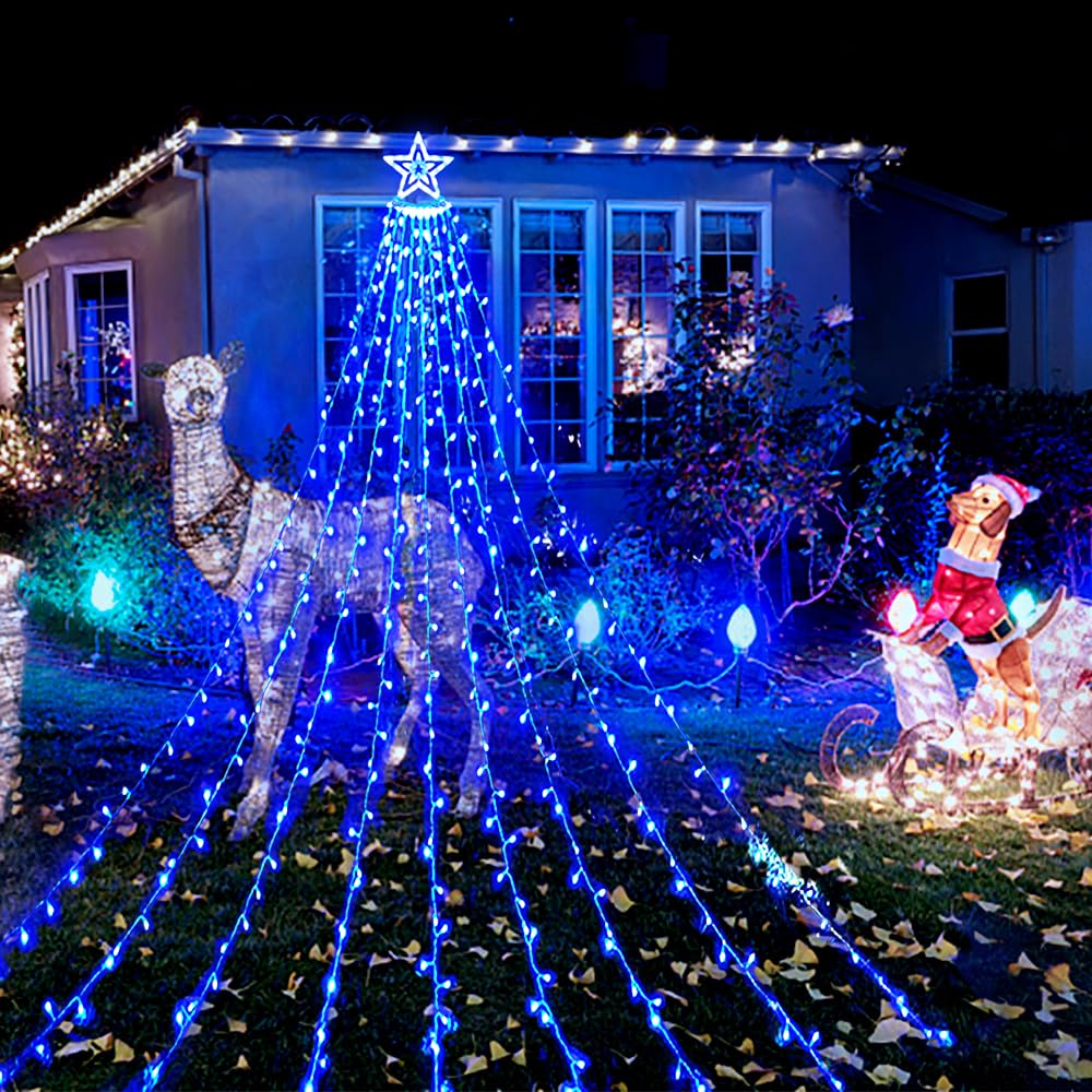 Aokudoni 12.6Ft 350 Led Blue Waterfall Christmas Lights, 8 Modes For Outdoor Decorations