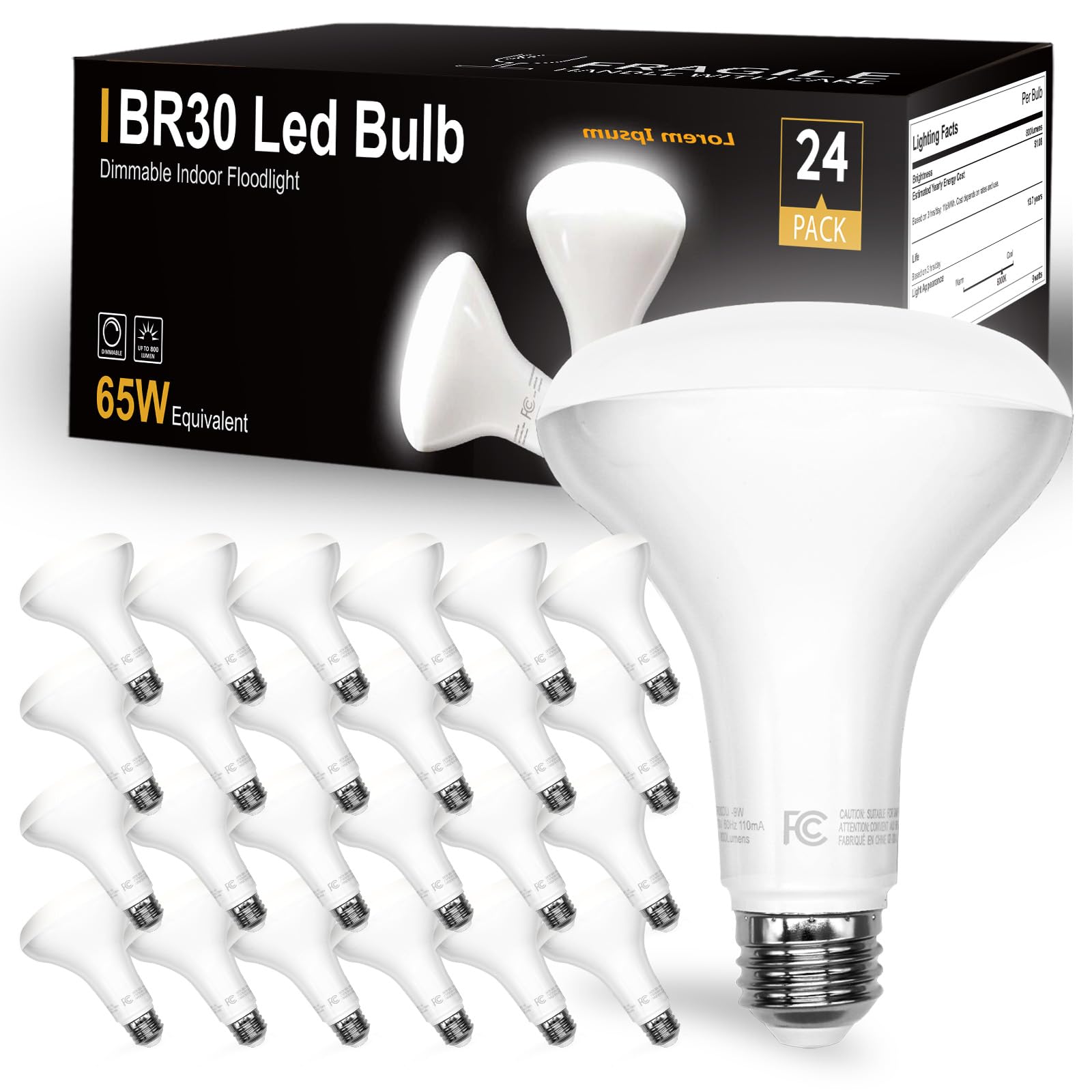 Daybetter 24Pack Br30 Led Light Bulbs Indoor Flood Light,65W Equivalent,Dimmable,Daylight White 5000K,800Lm,E26 Base,9W Led Rece