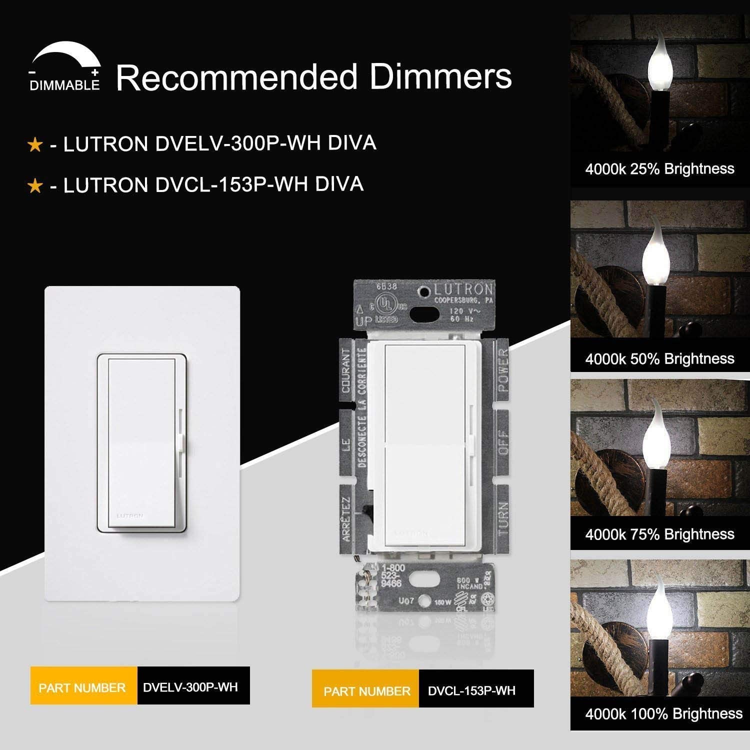 Crlight 2W Dimmable Led Candelabra Bulb 4000K Daylight White, E12, 6 Pack