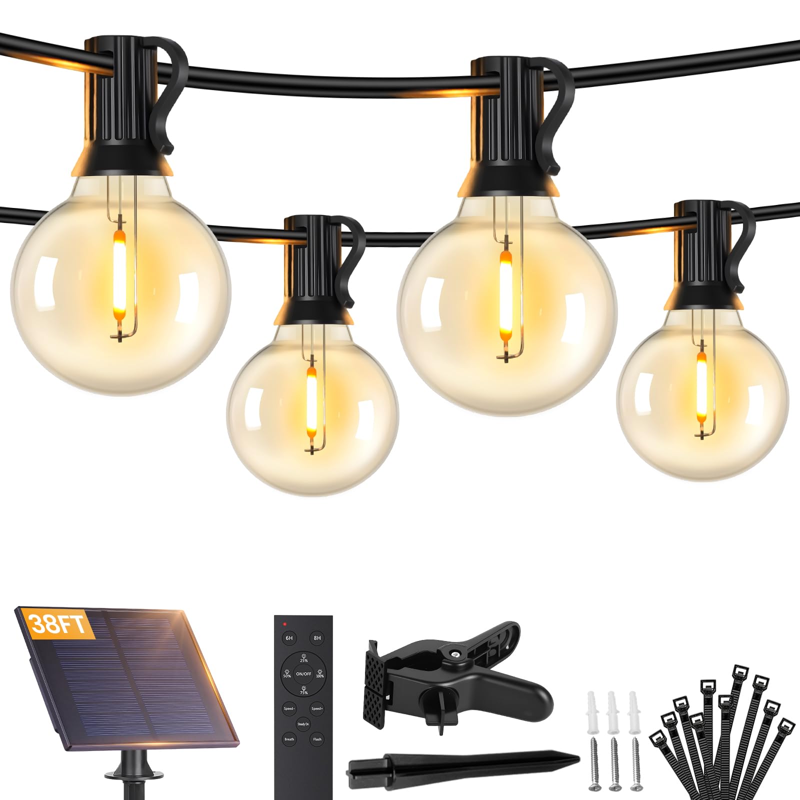 Brightever 38FT Solar String Lights Outdoor with Remote and 15+1 LED Shatterproof G40 Bulbs, Dimmable & Timable, 3 Lighting Mode
