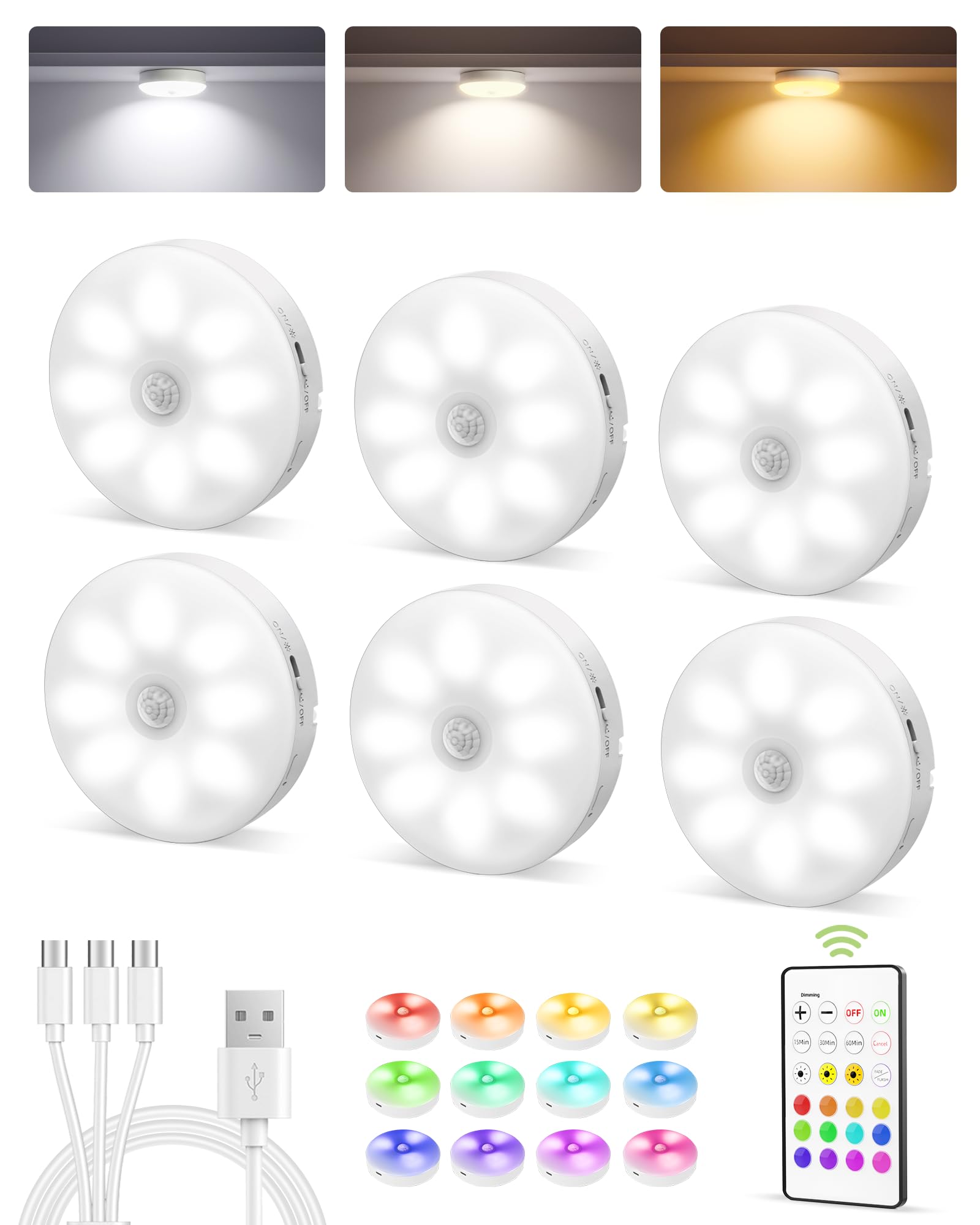 EZVALO Under Cabinet Lighting, Rechargeable Motion Sensor Puck Lights with Remote, 3 Color Temps &12 RGB LED Battery Operated LE