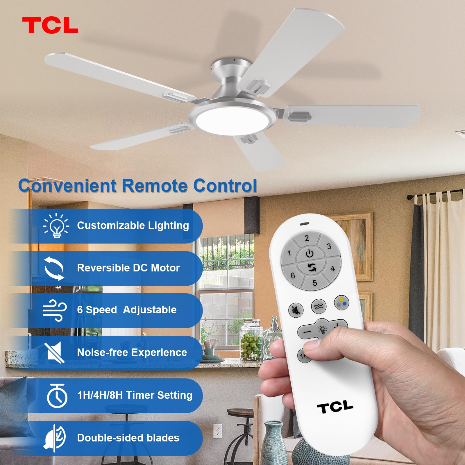 TCL 52 Inch Ceiling Fan with Lights, Remote Control, DC Motor, Low Profile, Silver, Model HFSB-60000AD