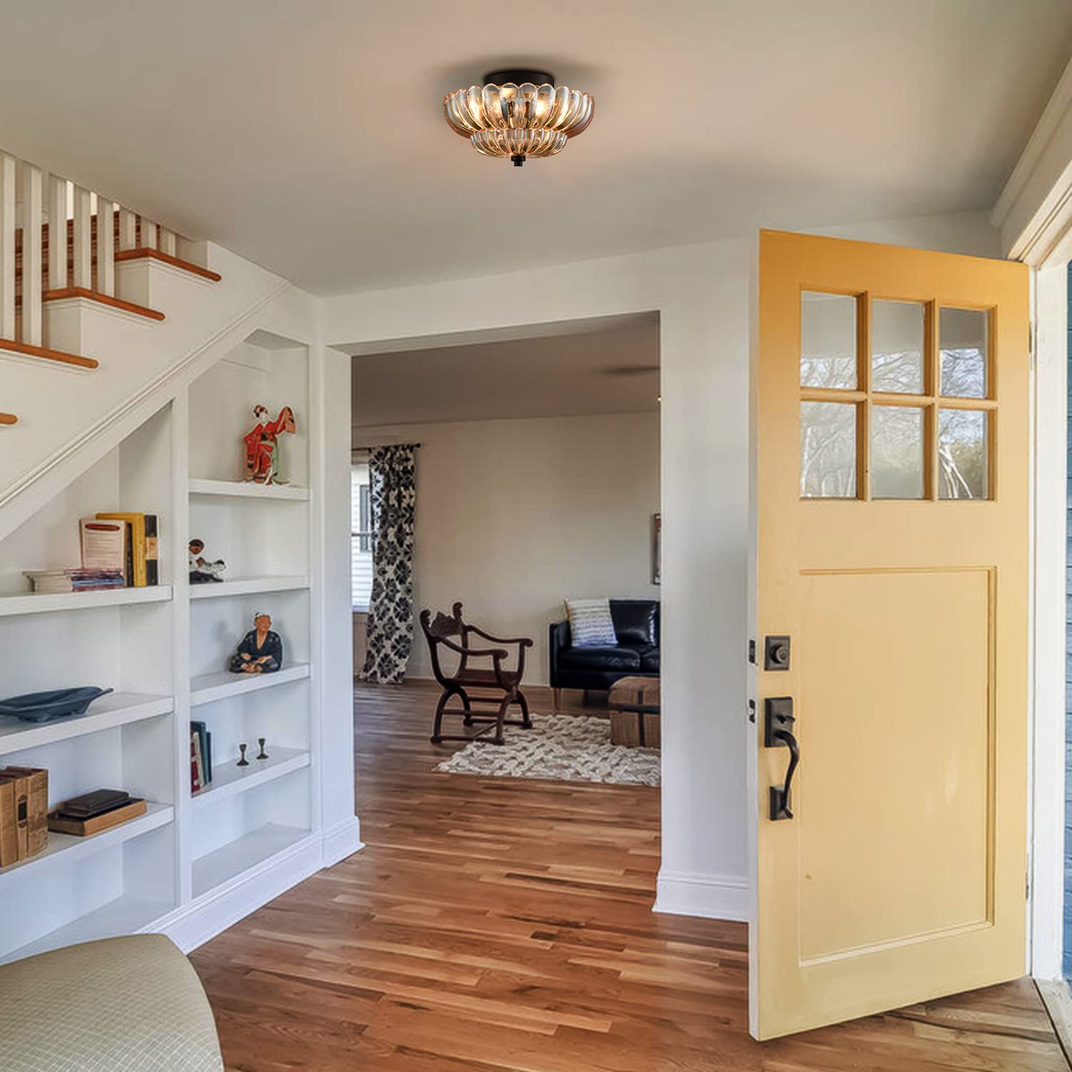 HYD high-standard Modern Black Flush Mount Ceiling Light 3-Light Amber Glass Shade Normal Size B7257-3CU-BK-H