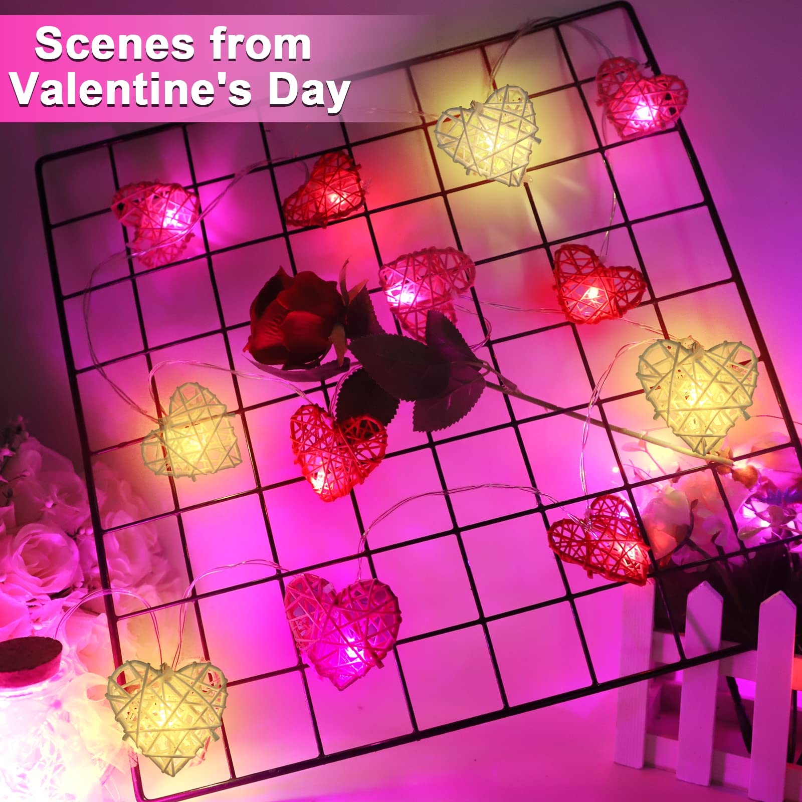 [Timer&Tricolor] Valentines Lights Valentines Day Decorations, Red Pink White Heart Lights, Battery Operated 12Led 6.5Ft 3D Hollowed Rattan Heart Garland String Lights For Indoor Bedroom Home Party