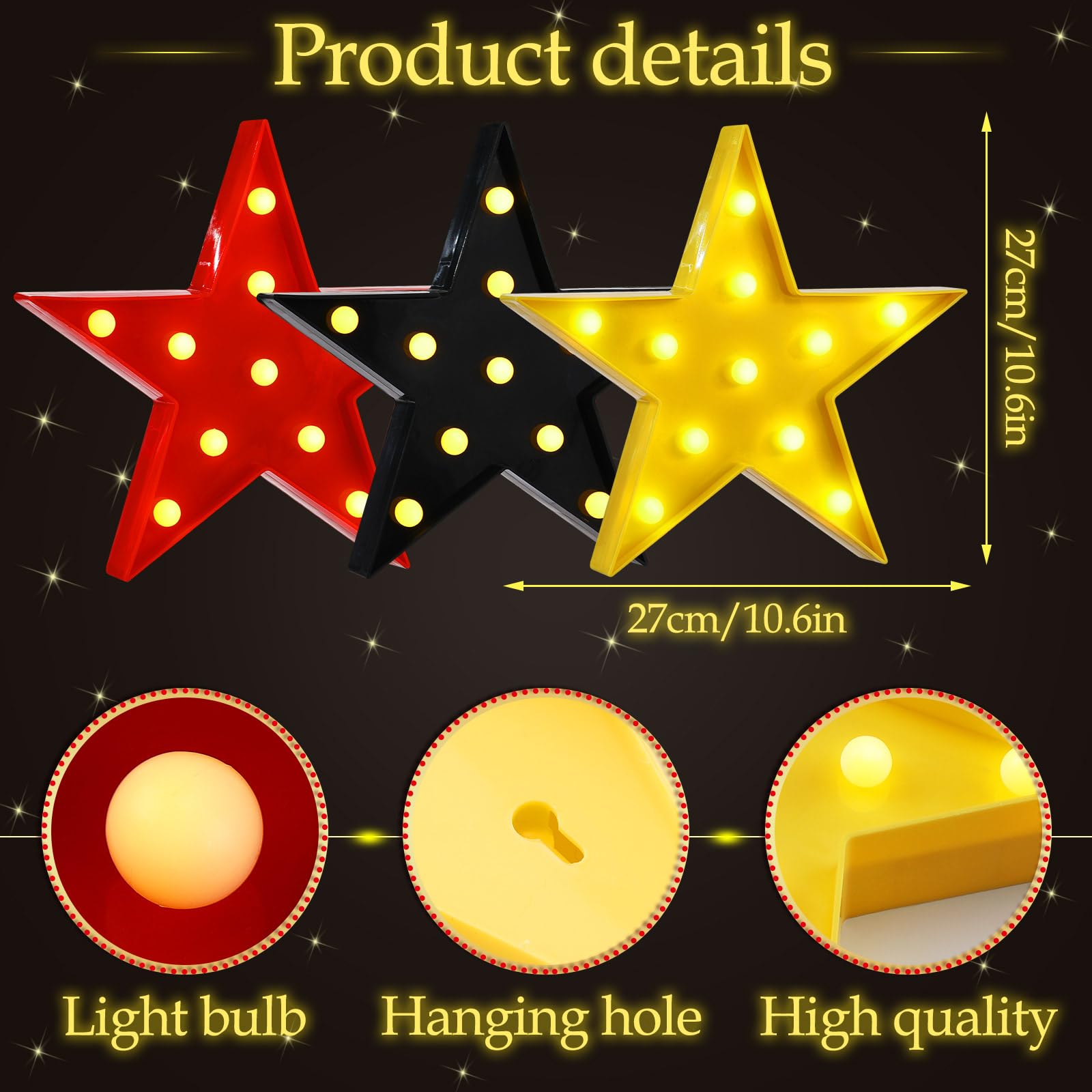 VIHOSE LED Star Signs - 3 Pcs Marquee Lights for Movie Theater Decor, Battery Operated, Red/Black/Warm, Model ANB-VIHOSE-52602
