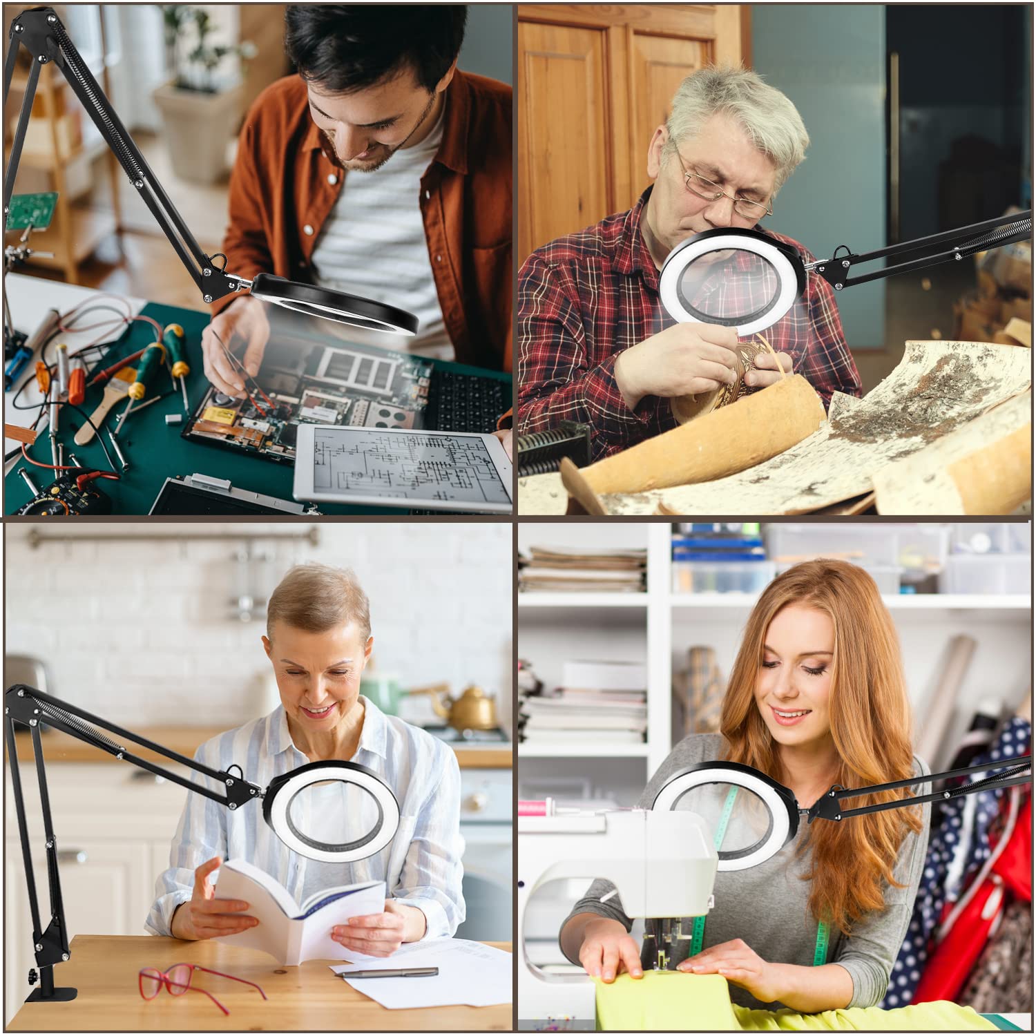 Veemagni 5 Led Magnifying Glass With Light, 8X Real Glass, Black, Model Z5-018, Stepless Dimmable, Hands-Free Clamp Desk Lamp