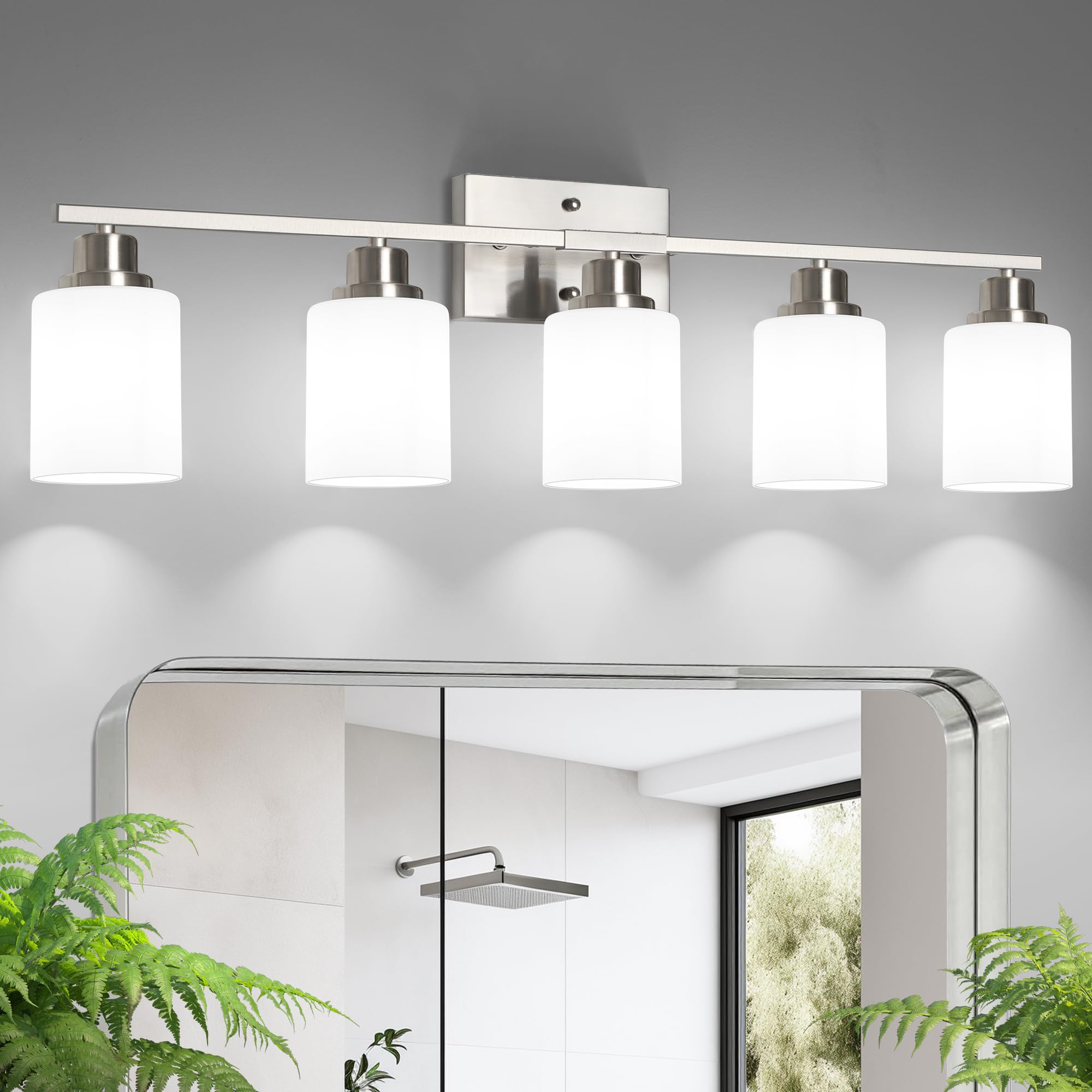 Ascher Bathroom Light Fixtures  5-Light Vanity Light Over Mirror  Brushed Nickel Wall Sconces with Milky White Frosted Glass Shades  Wall Lamp for Living Room Bedroom  E26 Base(Bulbs Not Included)
