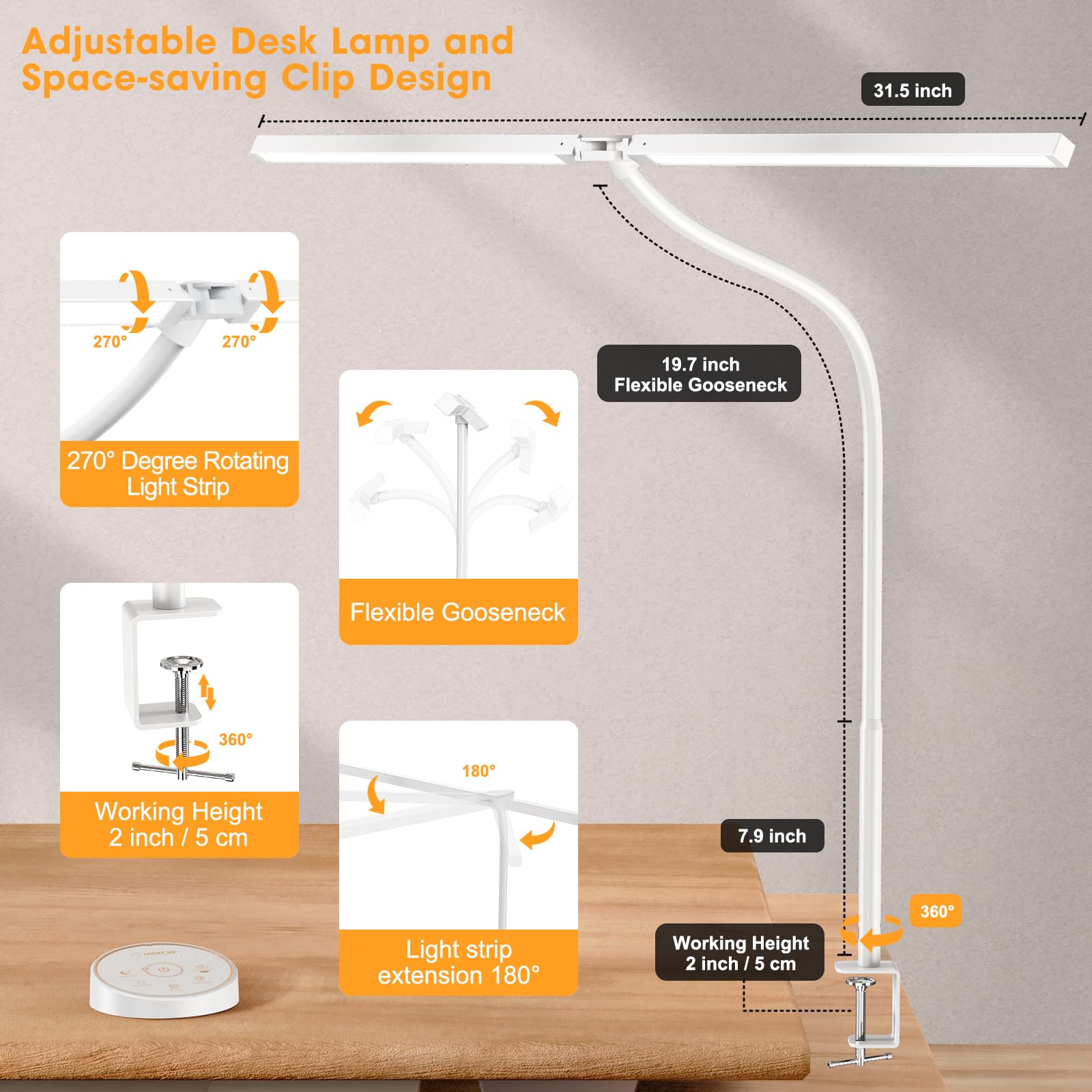 Led Desk Lamp For Office Home - Eye Caring Architect Lamp With Clamp,Dual Screen Computer Monitor Gooseneck Smart Light: 24W 5 C