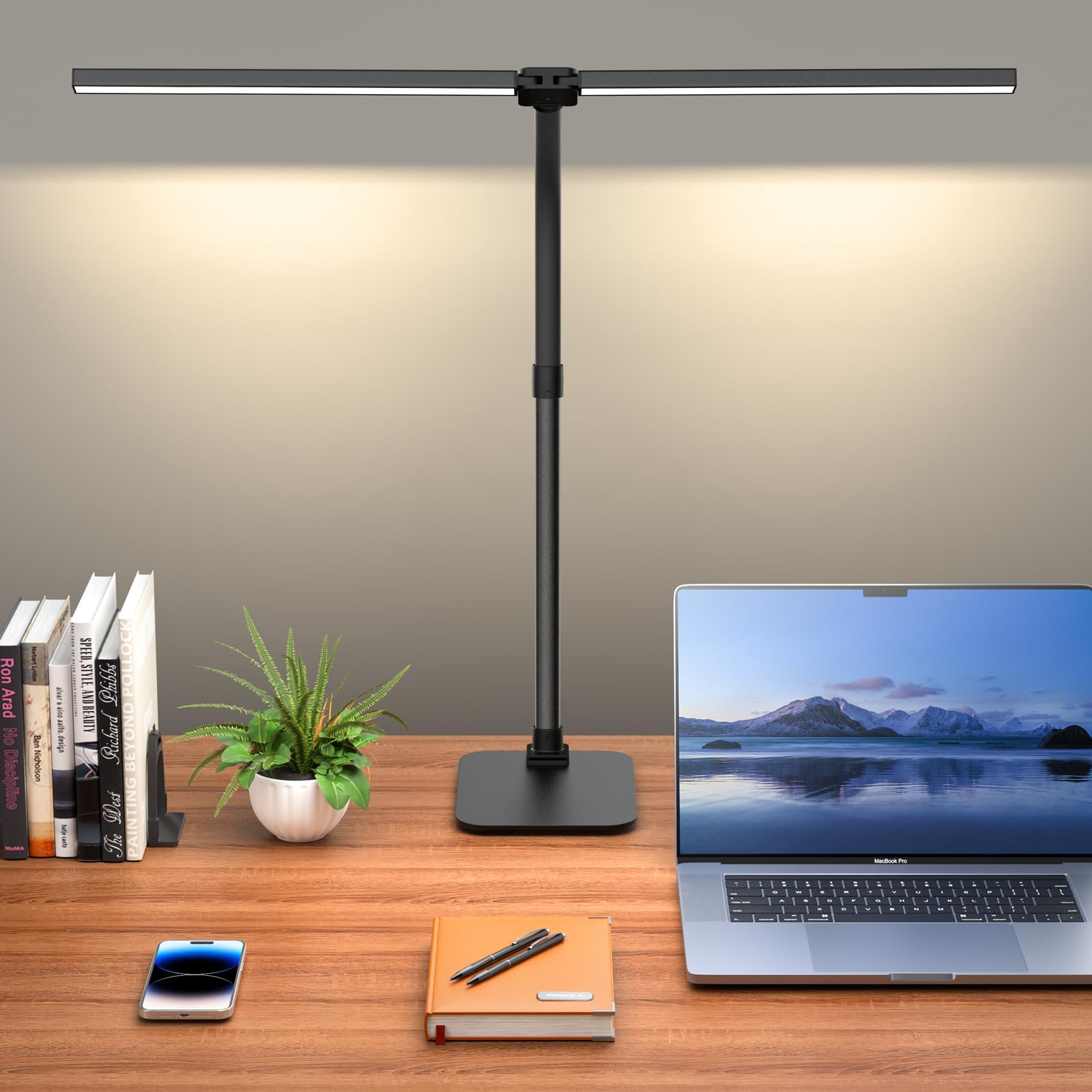 Kaulsoue Desk Lamp Architect Task Dual Head Modern Flexible Gooseneck Tall Dimmable Light for Home Office, 5 Color Modes,Remote 