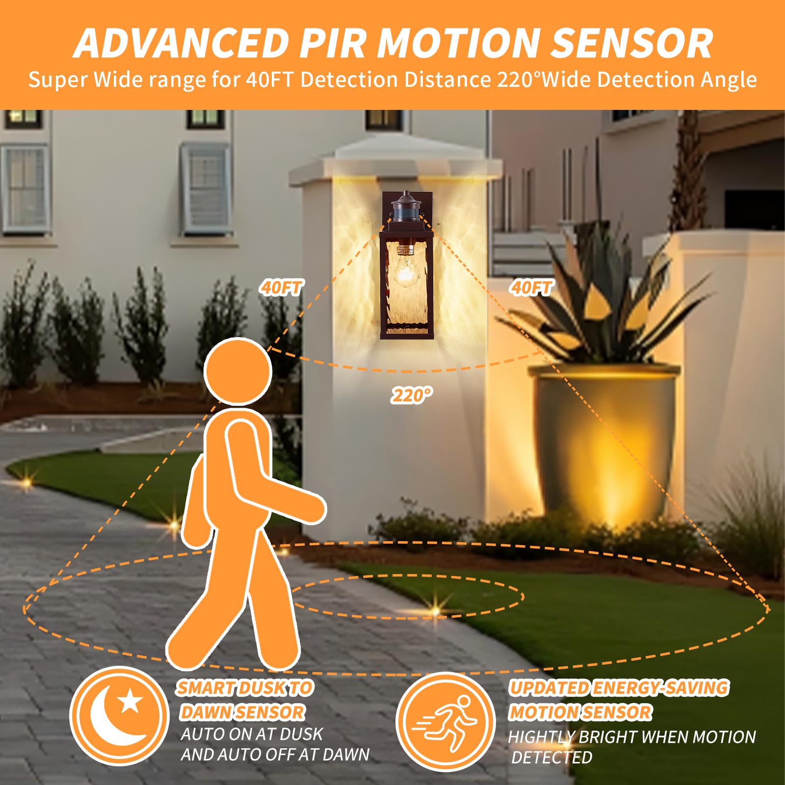 MDENLT Bronze Motion Sensor Outdoor Wall Lights, Waterproof 2 Pack, Aluminum, Dusk to Dawn Lighting, Model MFD007M-BN