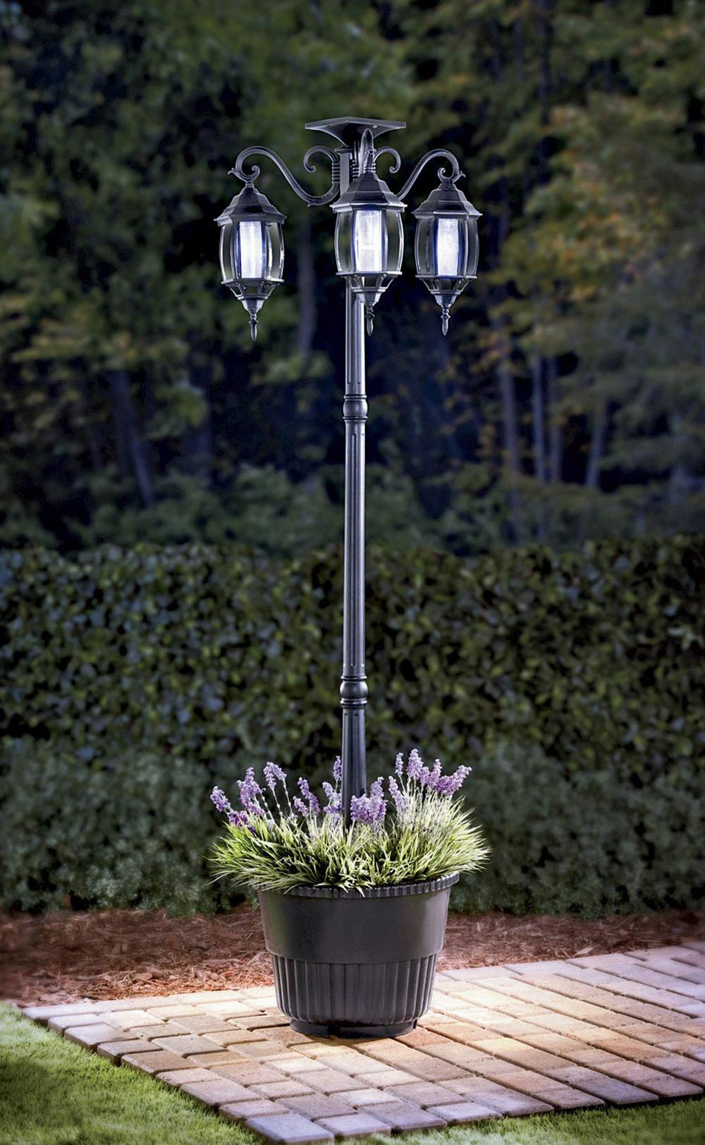 Westcharm Outdoor Round Planter with 3-Head LED Solar Lamp Post - 18in Dia., Black, Model 302002 Madison, Aluminum